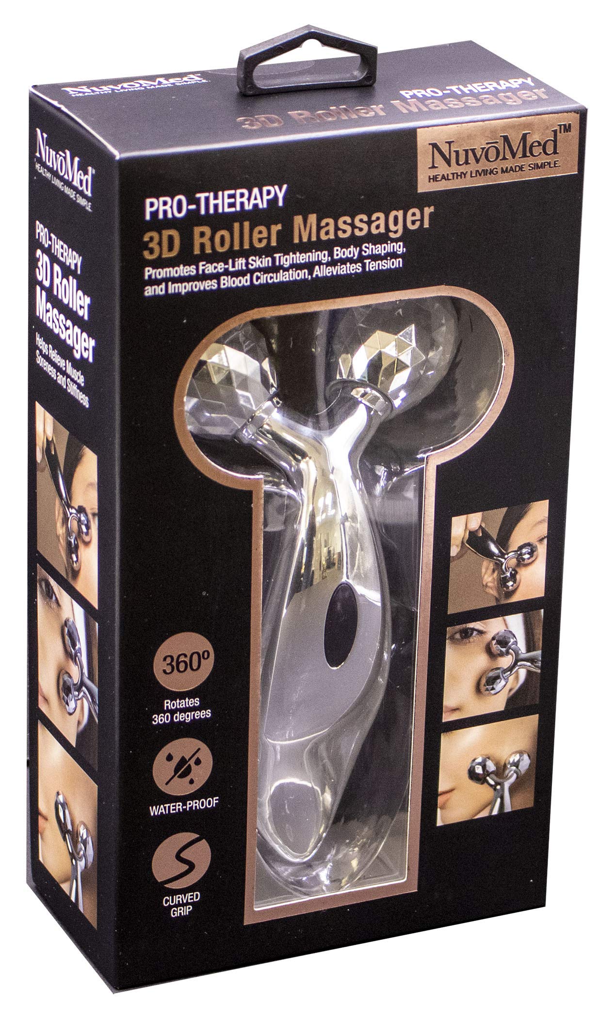 Nuvomed Pro-Therapy 3D Roller Massager, Rotates 360 Degrees, Water-Proof, Curved Grip, For Anti Aging, Firm Skin, V-Shaped Face