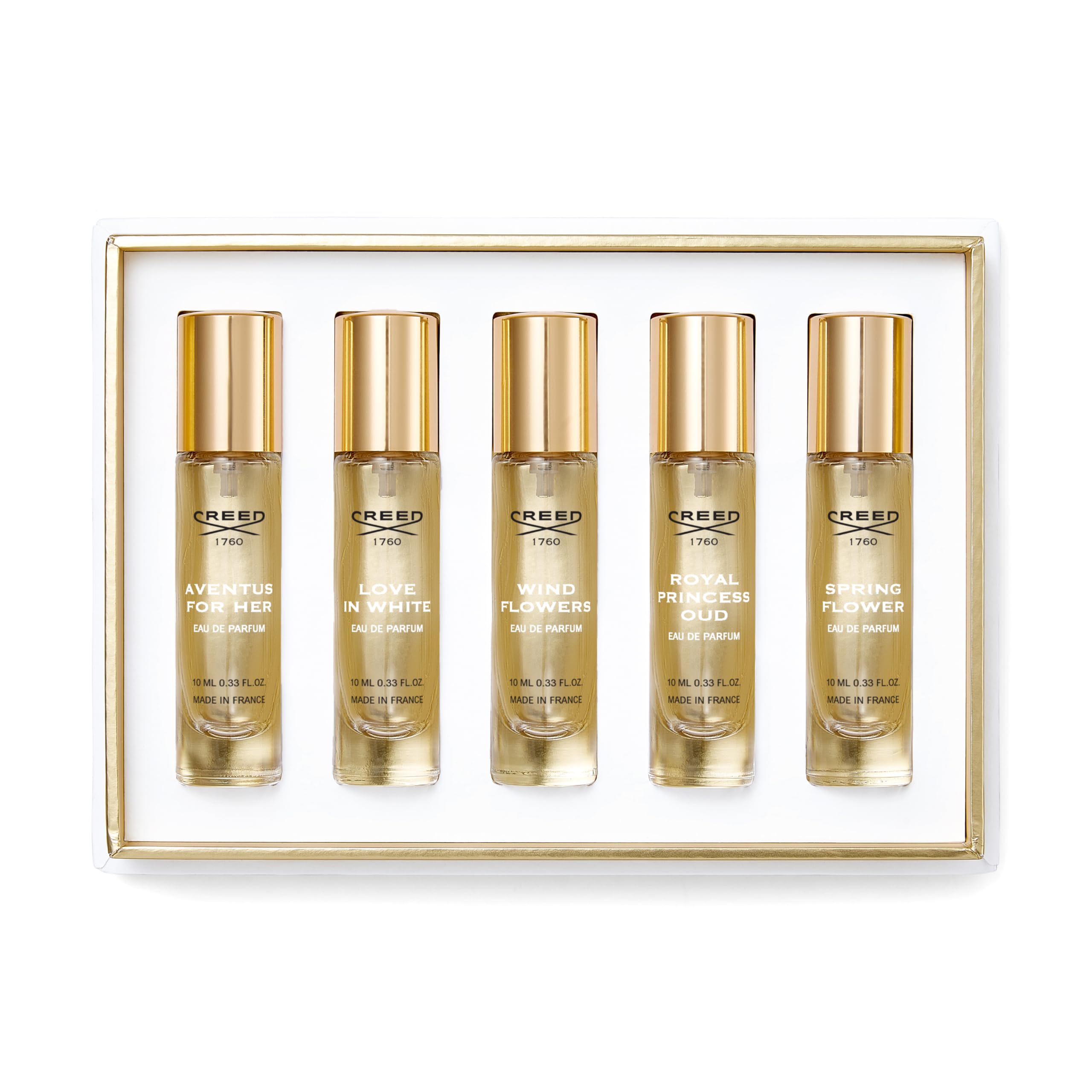 House of Creed Womens Holiday Gift Coffret Set, Features 5 Signature Perfume Scents of Aventus for Her, Wind Flowers, Love in W