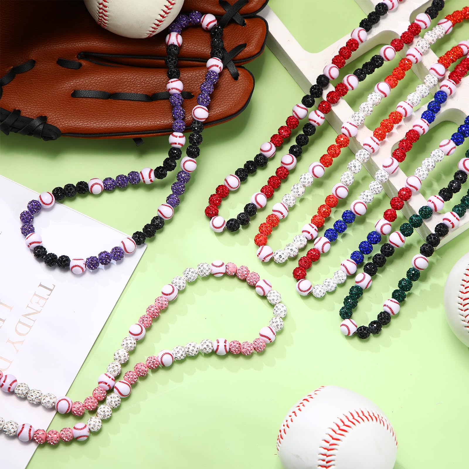 Liliaafar 6 Pcs Baseball Beaded Necklace for Teenager Bling Rhinestone Clay Beaded Necklace Gifts for Sports Team Fans(Mixed Col