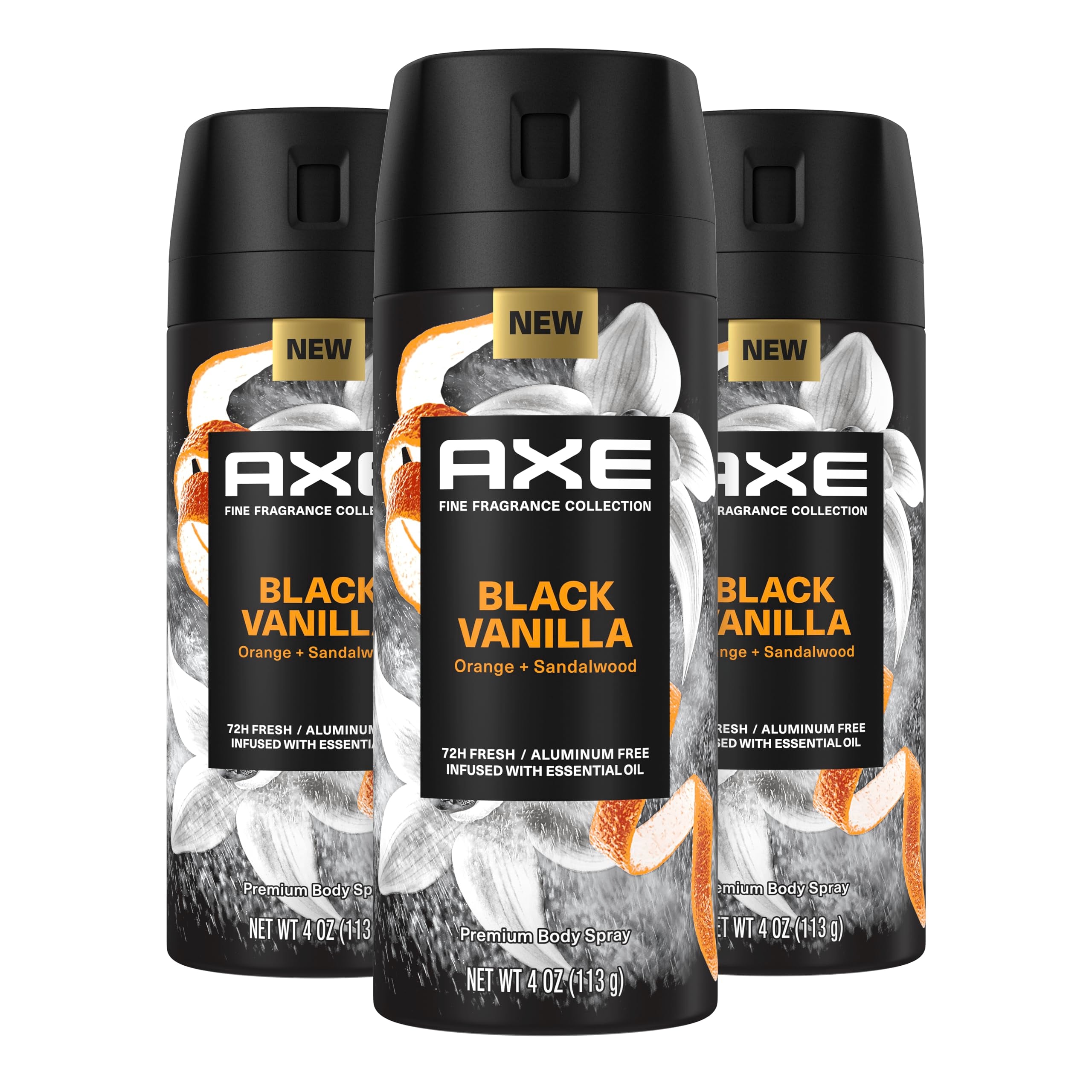 Axe Fine Fragrance Collection Premium Body Spray Black Vanilla With Orange + Sandalwood 3 Count With 72H Odor Protection Aluminu