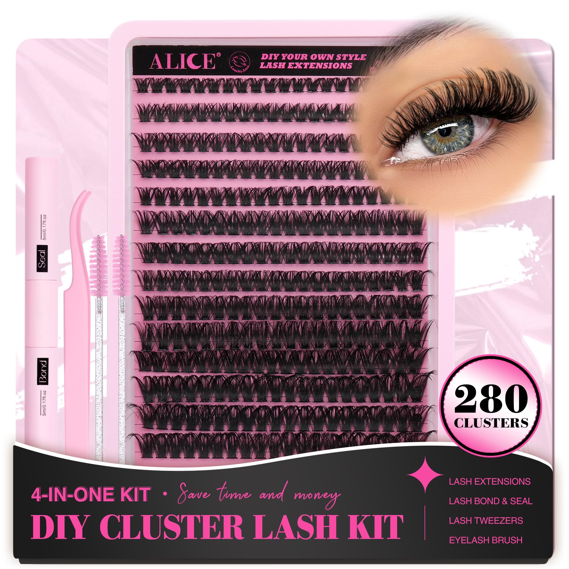 DIY Eyelash Extension Kit D Curl Fluffy Wispy Lash Clusters Individual Lashes Lash Extension Kit with Lash Bond and Seal Applica
