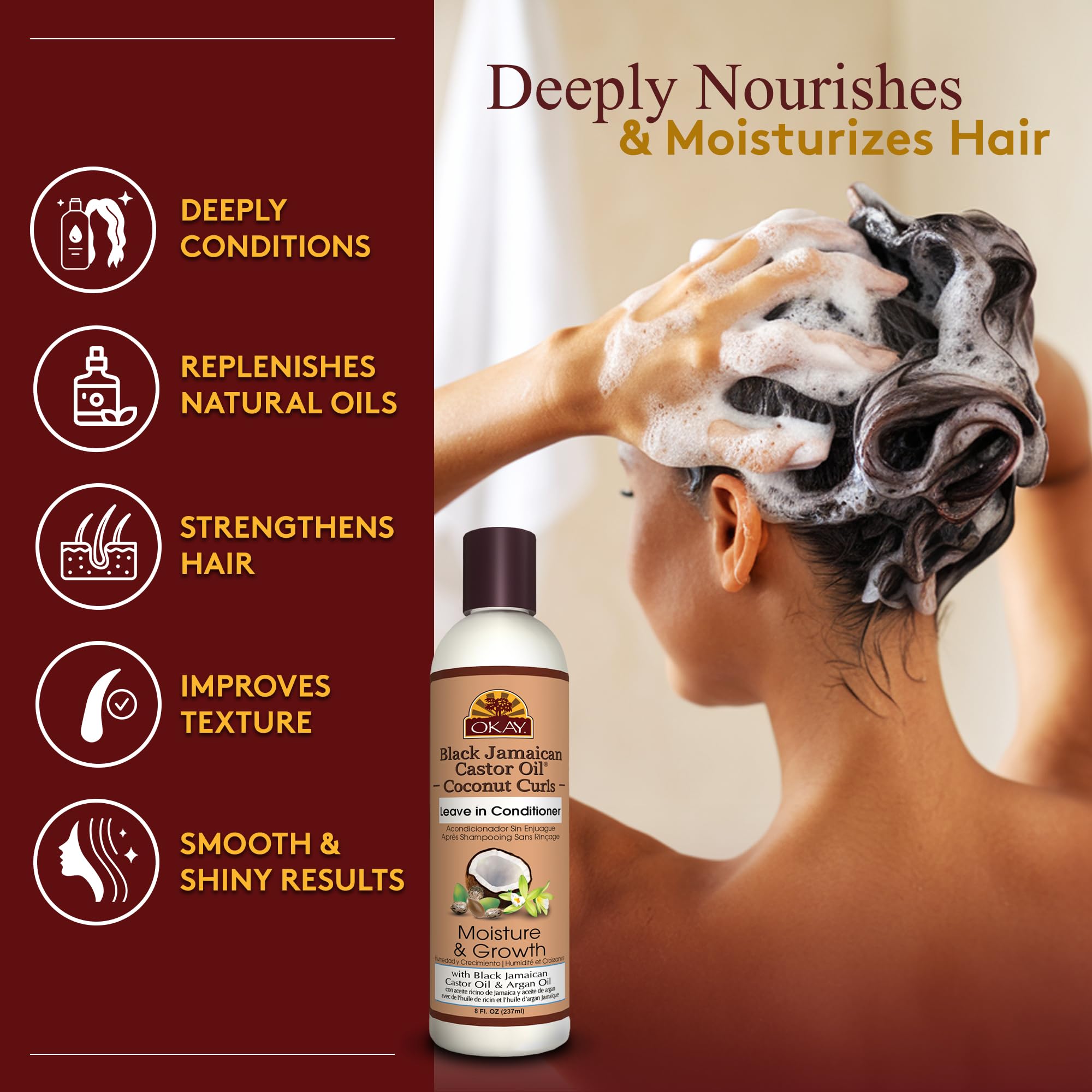 OKAY Black Jamaican Castor Oil Leave In Conditioner - Hair Moisturizer for Women and Men, Natural Hair Product for Hair Growth,