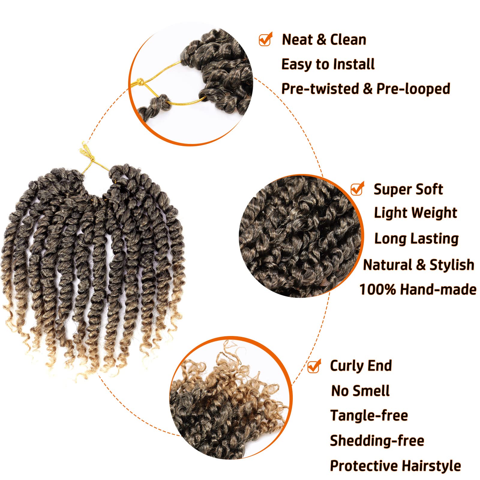 Dorsanee Passion Twist Crochet Hair 10 Inch, Pre-looped Synthetic Braids, 8 Packs, Bohemian Style, Color 1B/27