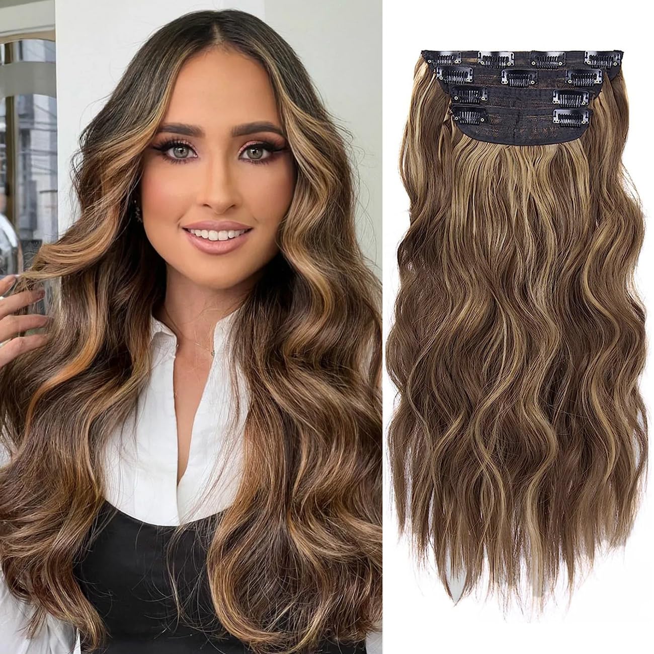 4Pcs Clip in Hair Extensions, 20 Inches Synthetic Light Brown Hair Extensions, Long Curly Hair Extensions Clip ins (Color:Chocol