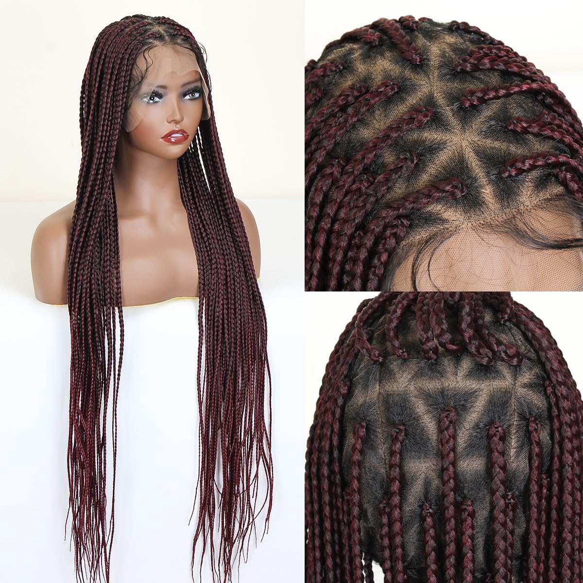 KRALER 36 inch Knotless Box Braided Wigs for African American Women, Ombre Burgundy Box Braids Triangle Embroidery Full Double L