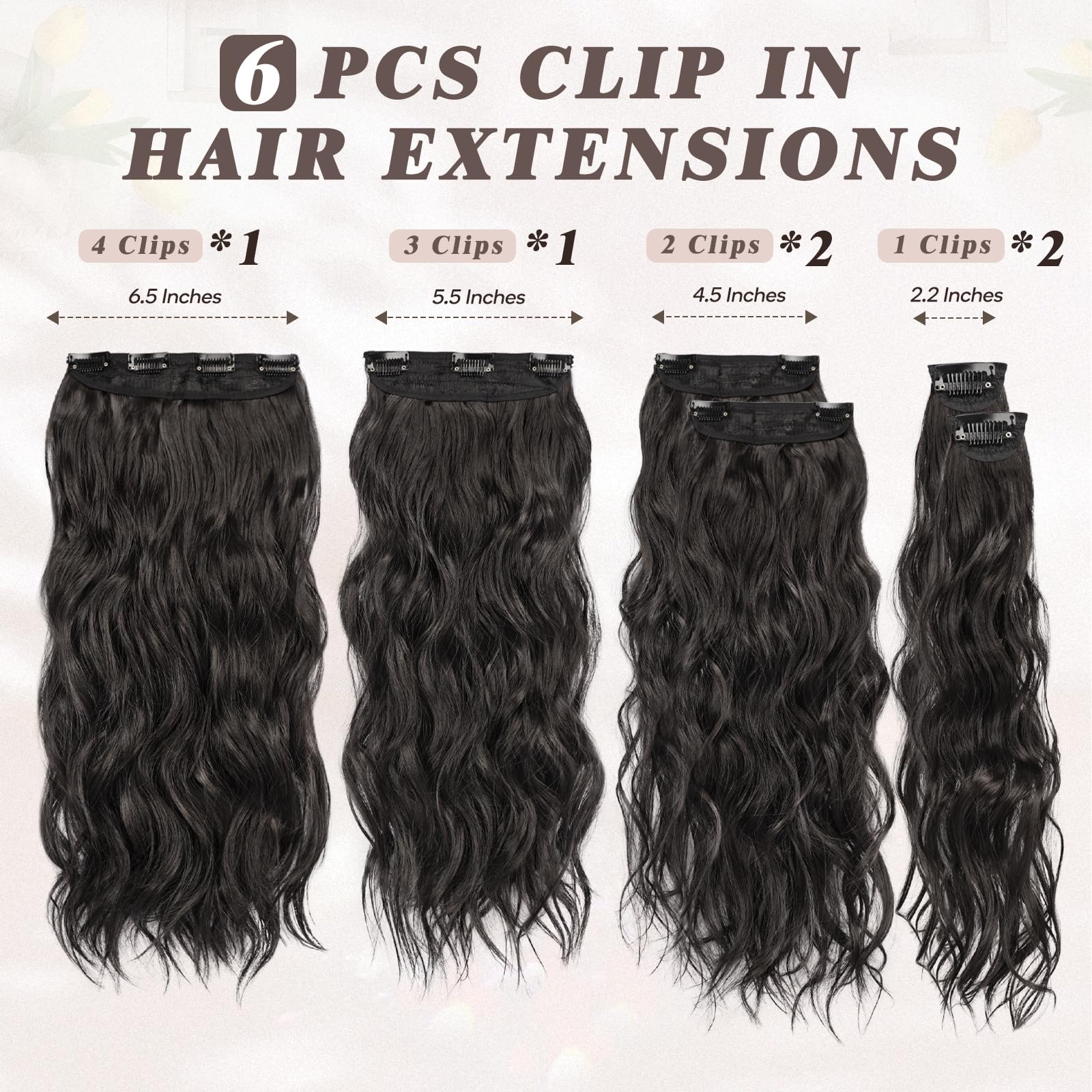 BARSDAR 20 Inch Beach Wavy Clip in Hair Extensions - 6PCS Thick, Soft Synthetic Clip Hairpieces, Full Head Black Brown Clip in H