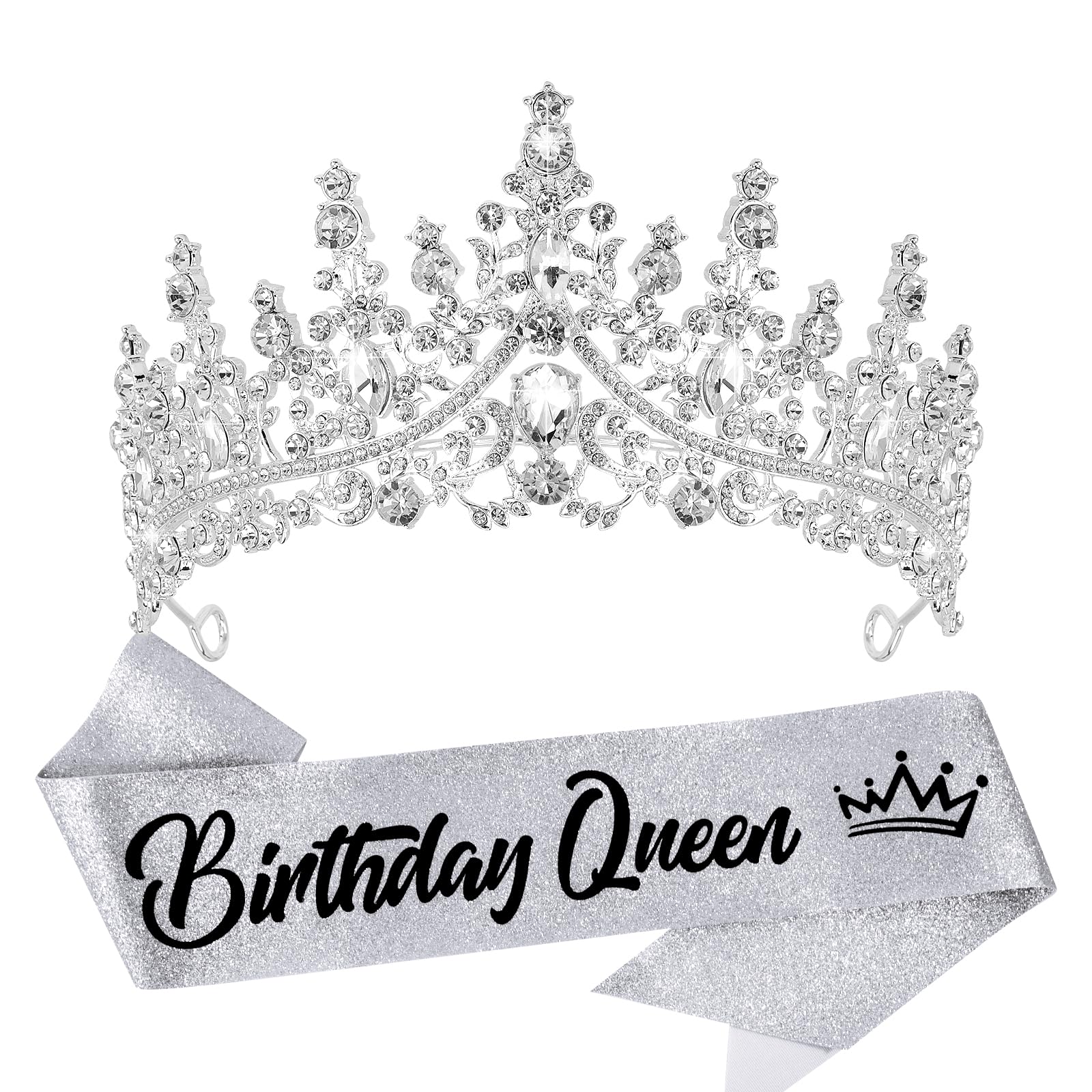 VELSCRUN Birthday Queen Tiara Crowns for Women Girls Silver Crystal Birthday Queen Headband Sash Elegant Princess Crown Happy Bi