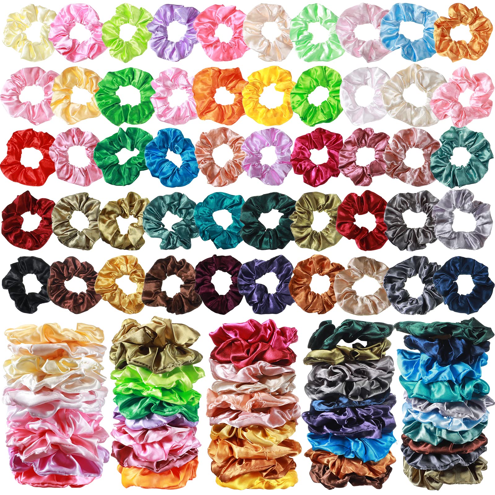 200 Scrunchies Bulk Pack: 52 Colors Hair Ties, Ponytail Holders, Hair Elastics for Curly Hair - Satin Accessories for Women, Gir