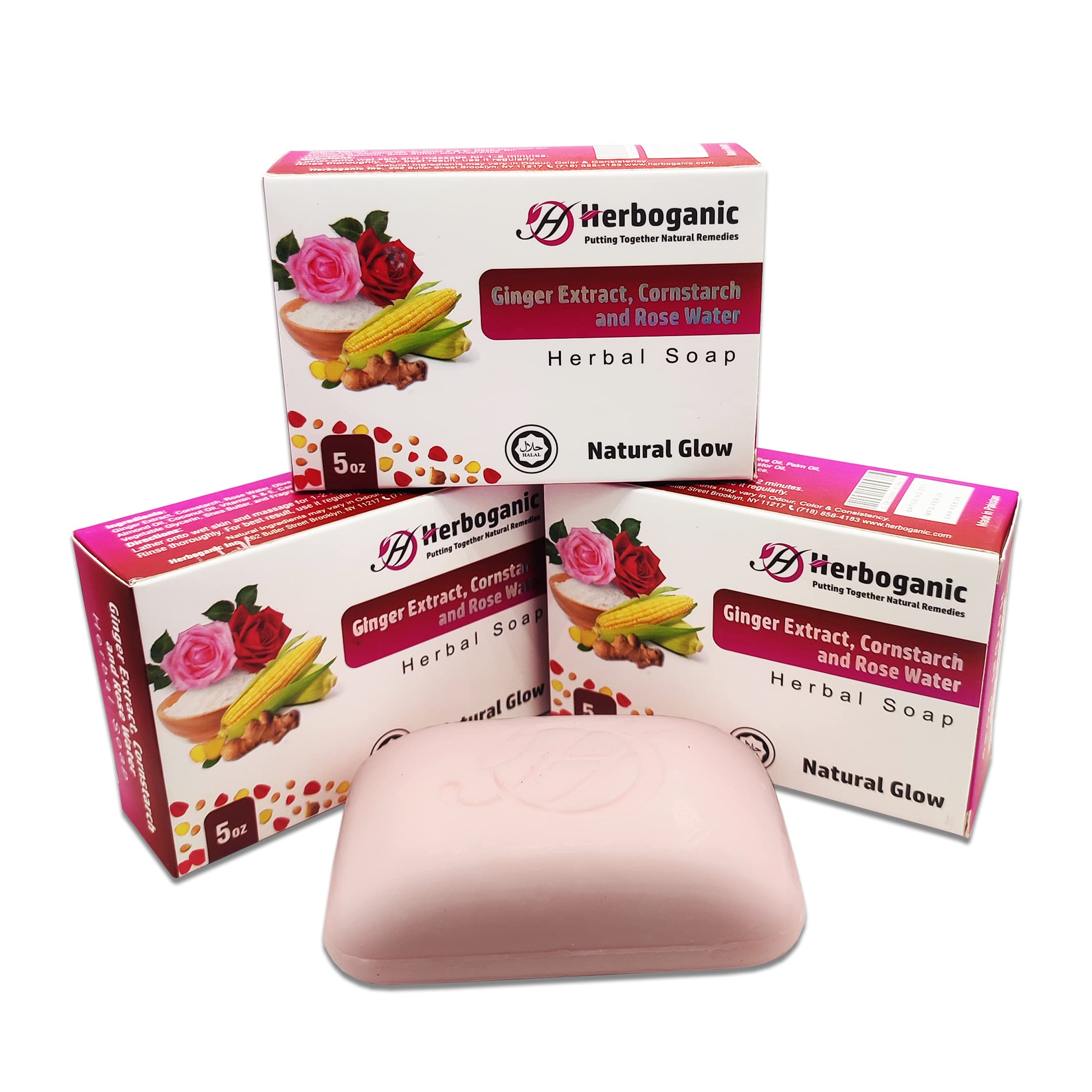 HERBOGANIC Ginger Extract, Cornstarch and Rose Water Herbal Soap | Pack of 3 of 5oz soap Bar | Natural Bar Soap for Face and Bod