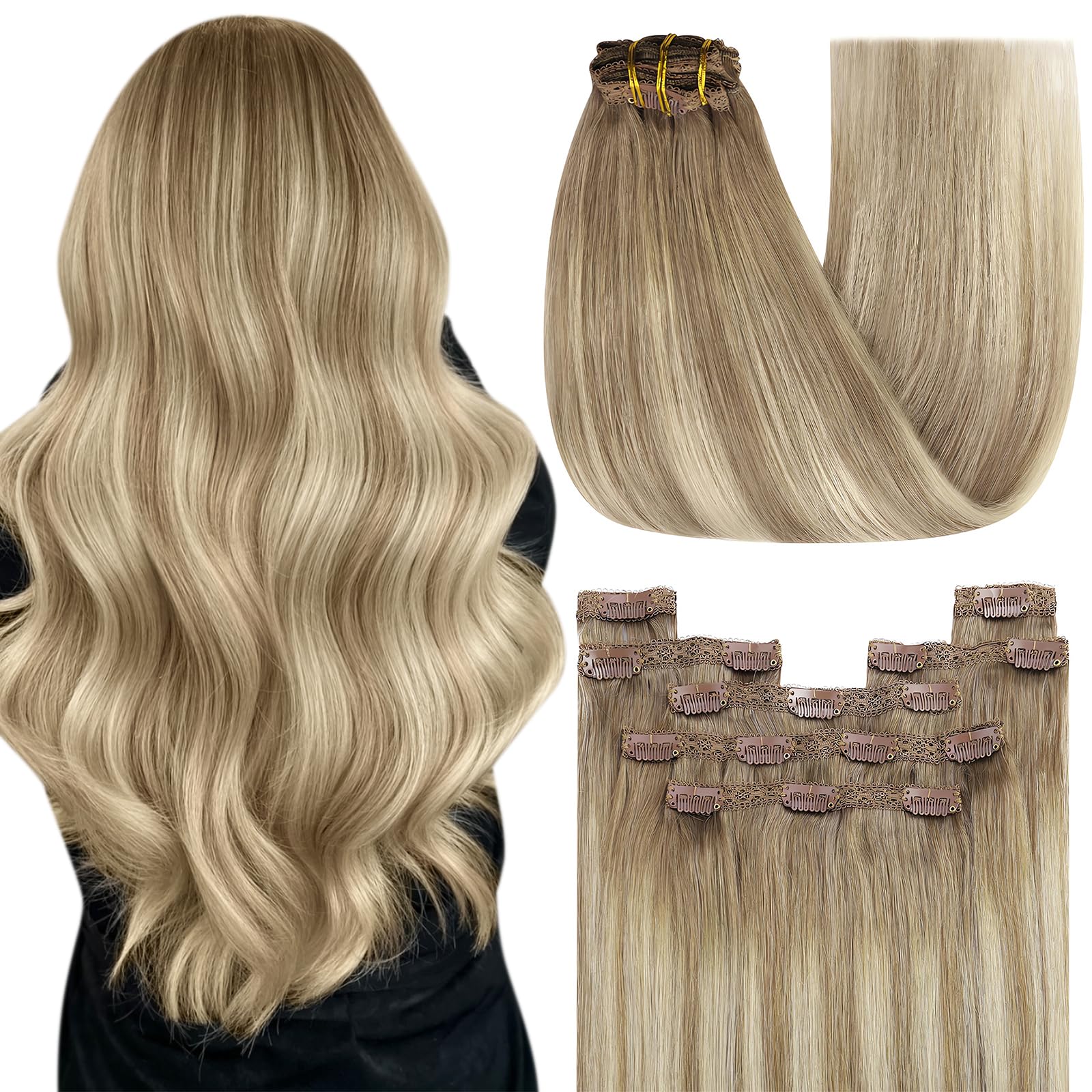 YoungSee 135g Clip in Hair Extensions Real Human Hair Brown Real Human Hair Extensions Clip ins Balayage Light Brown to Blonde w