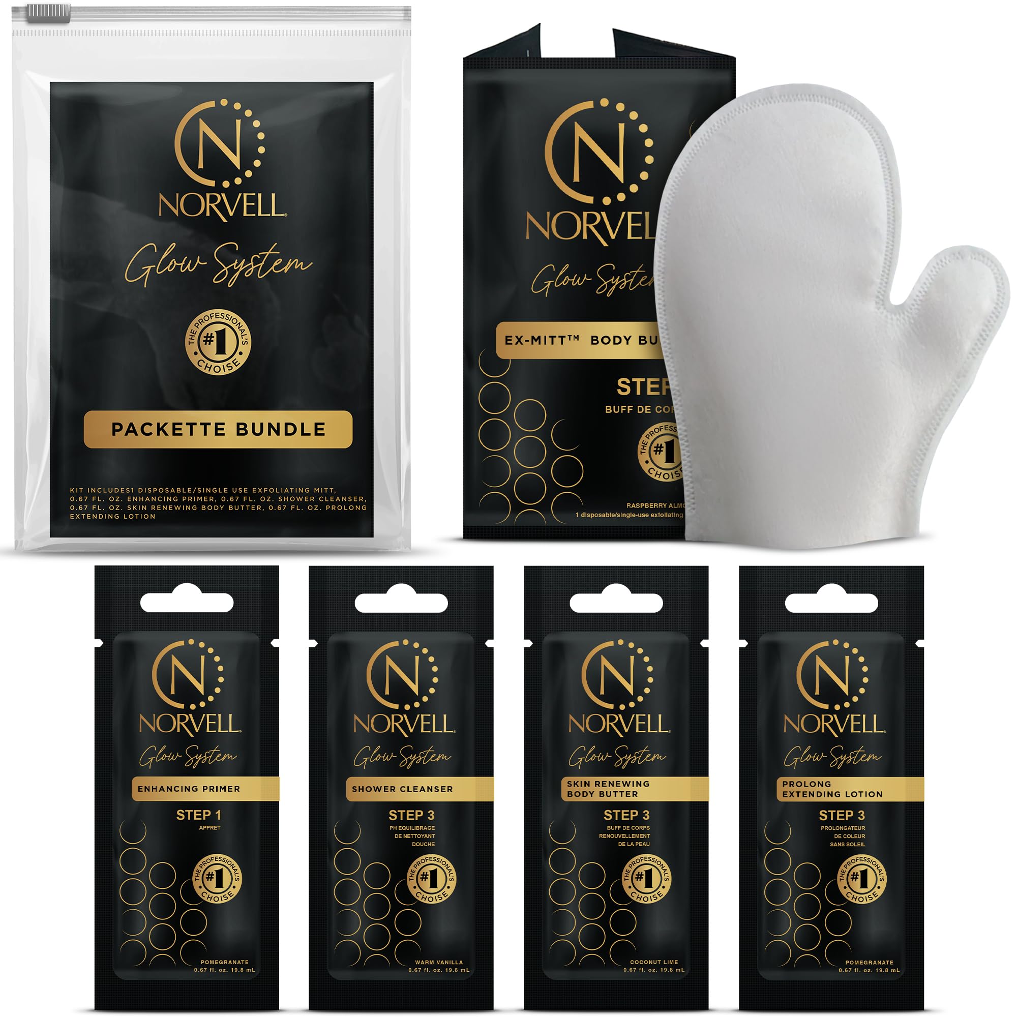 Norvell Glow System Trial Set  5Step Sunless Tanning Essentials with Exmitt, Primer, Cleanser, Body Butter & Prolong  Reusabl
