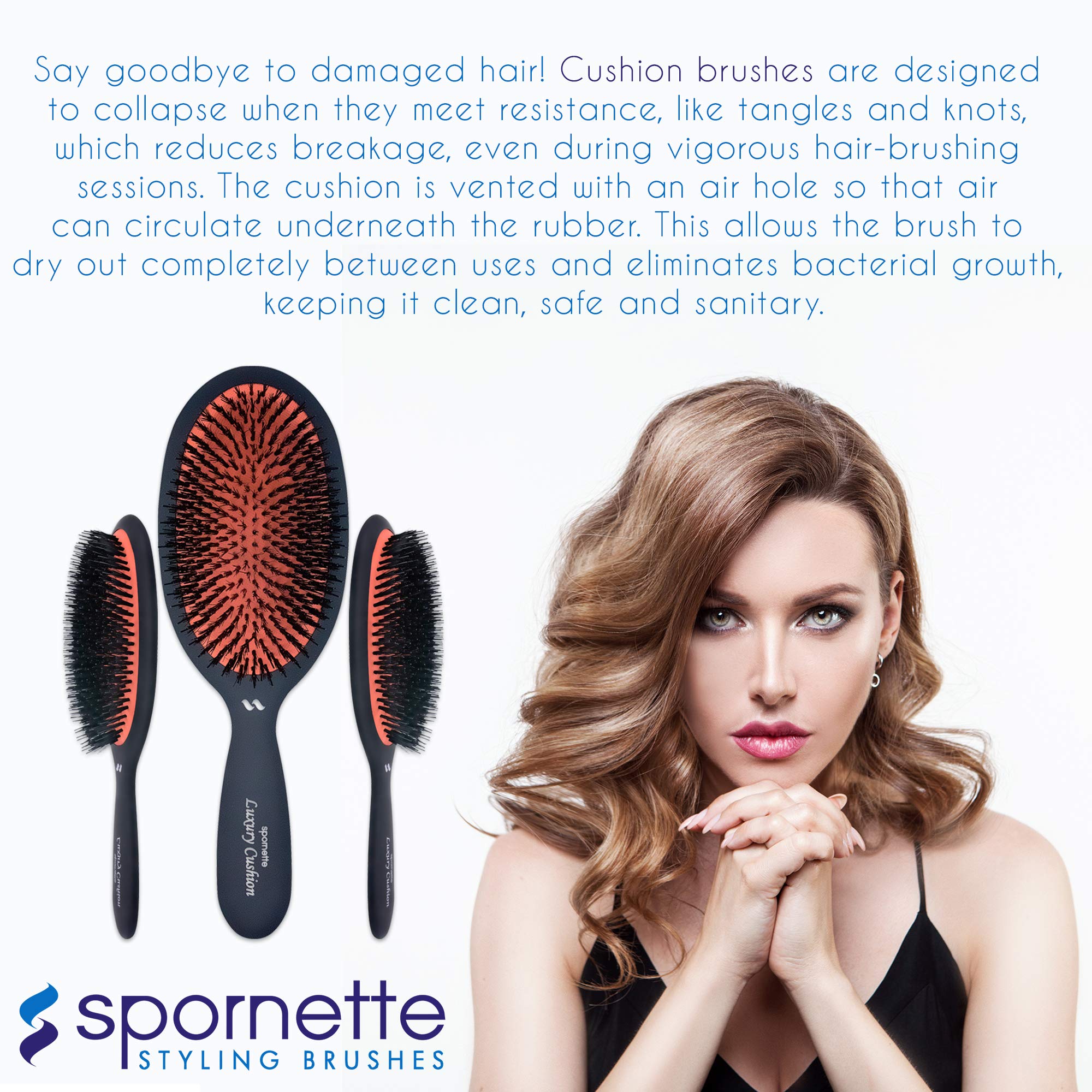 Spornette Large Luxury Cushion Boar And Nylon Bristle Oval Hair Brush (#LX-1) With A Soft Satin No-slip Handle Best Used For Sty