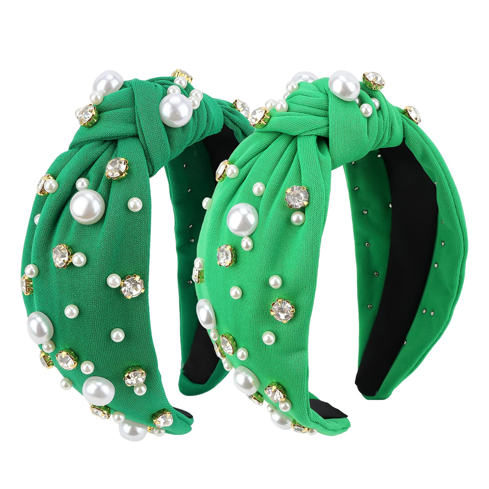 Wecoe 2pcs Knot Headbands Pearl Rhinestone Wide Cloth Headbands Cute Green Head Bands Non Slip Fashion Sparkly Beaded Hairbands 