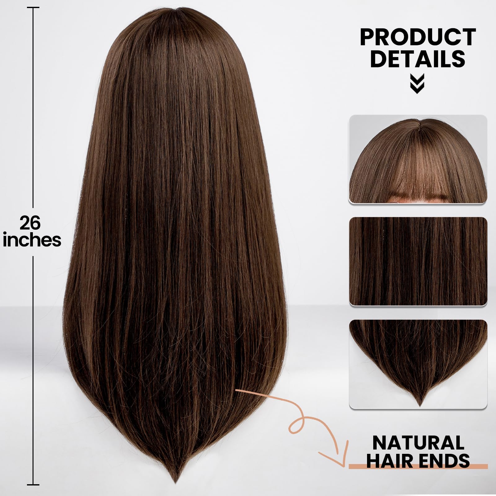 Emmor Brown Wig With Bangs For Women Long Straight Wigs Synthetic For Girls Halloween Party Cosplay And Daily Use(26'' Brown)