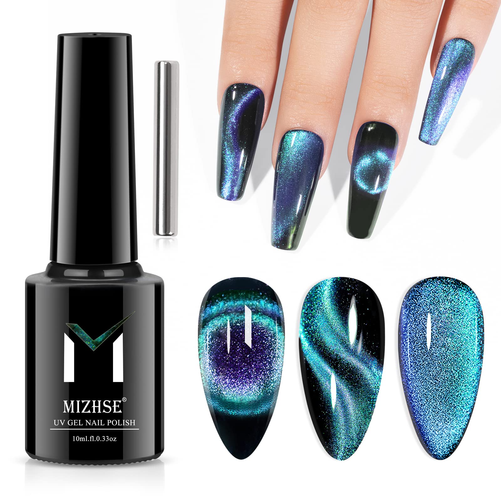 Mizhse 9D Cat Eye Gel Nail Polish 10Ml, Holographic Galaxy Cateye Magnetic Nail Polish Gel, Magic Chameleon Manicure Set(Cyan)