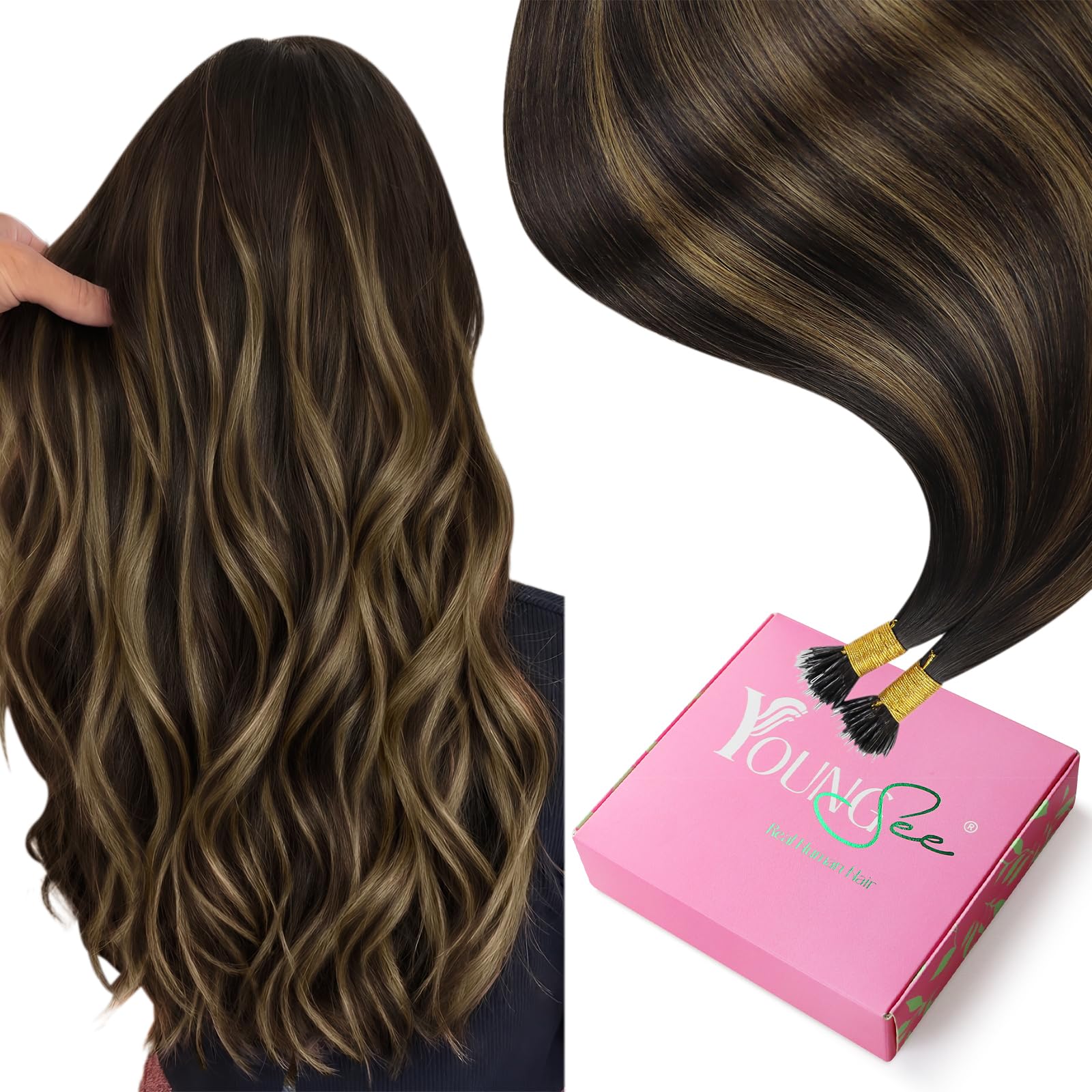 YoungSee Nano Bead Hair Extensions Human Hair Brown 18 inch Nano Ring Hair Extensions Human Hair Balayage Nano Hair Extension Da