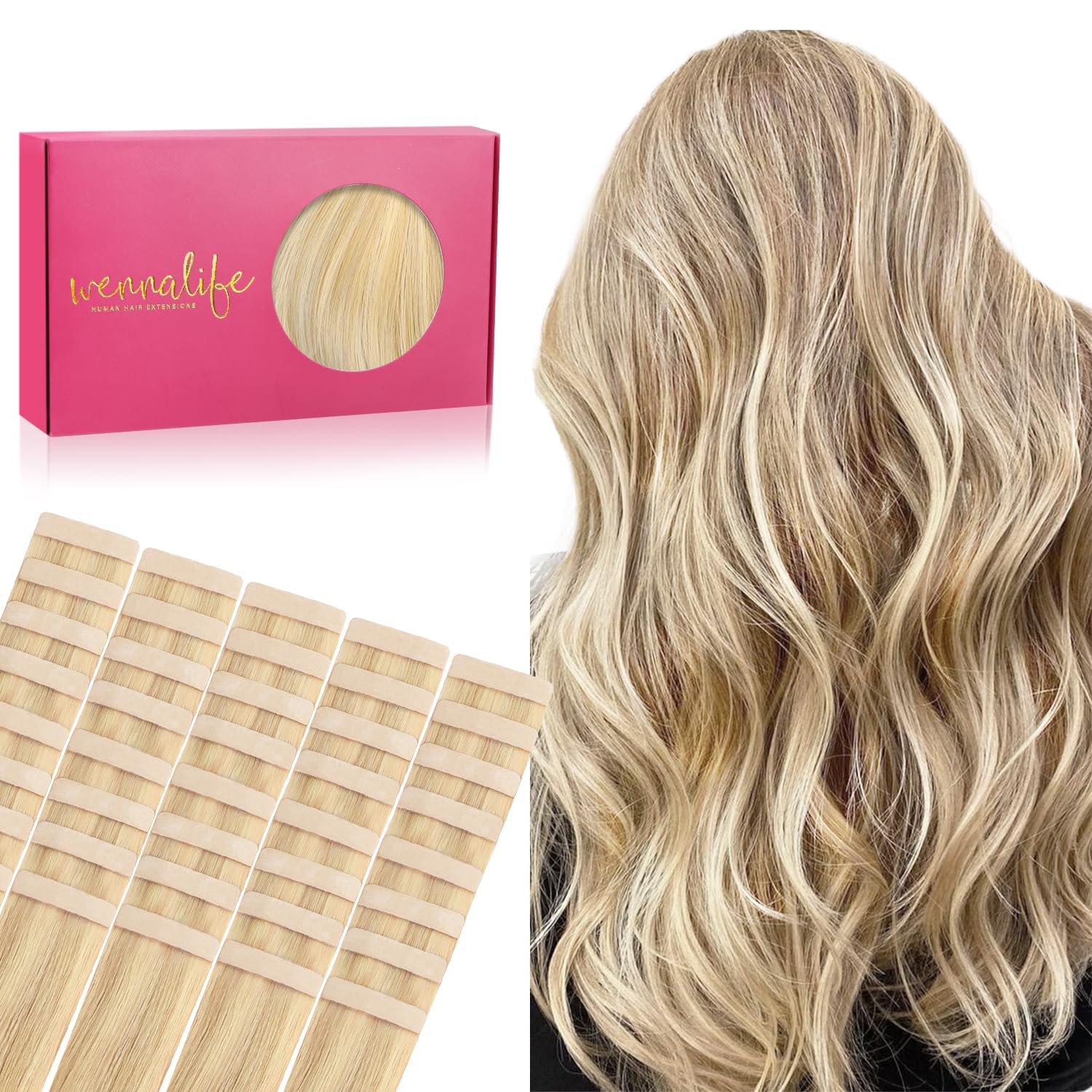 Wennalife Tape In Hair Extensions Human Hair, 40Pcs 100G 16 Inch Light Blonde Highlighted Golden Blonde Hair Extensions Real Hum
