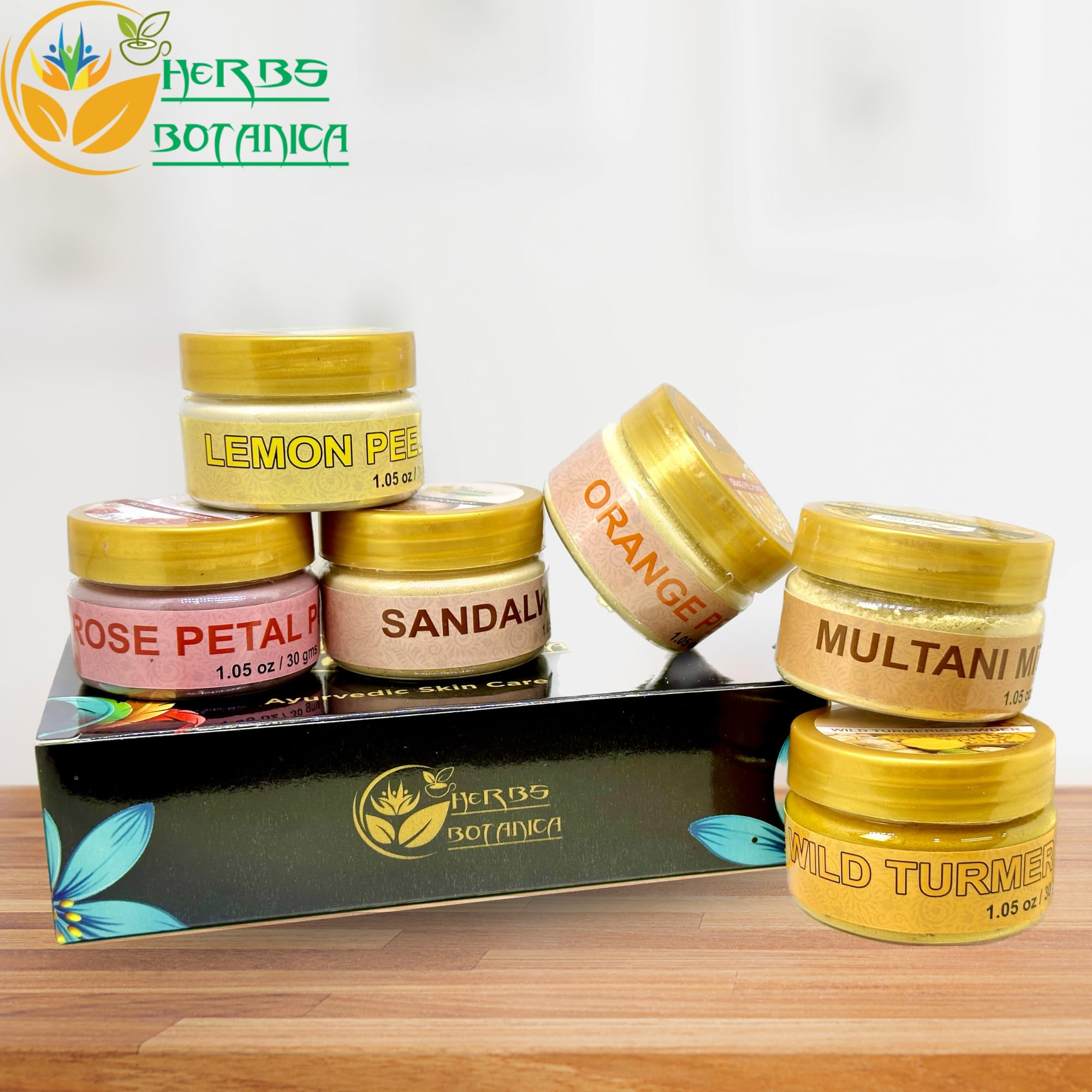 Herbs Botanica Natural Radiance Skin Care Sampler | Sandalwood Powder, Orange Peel Powder, Lemon Peel Powder, Rose Petals Powder