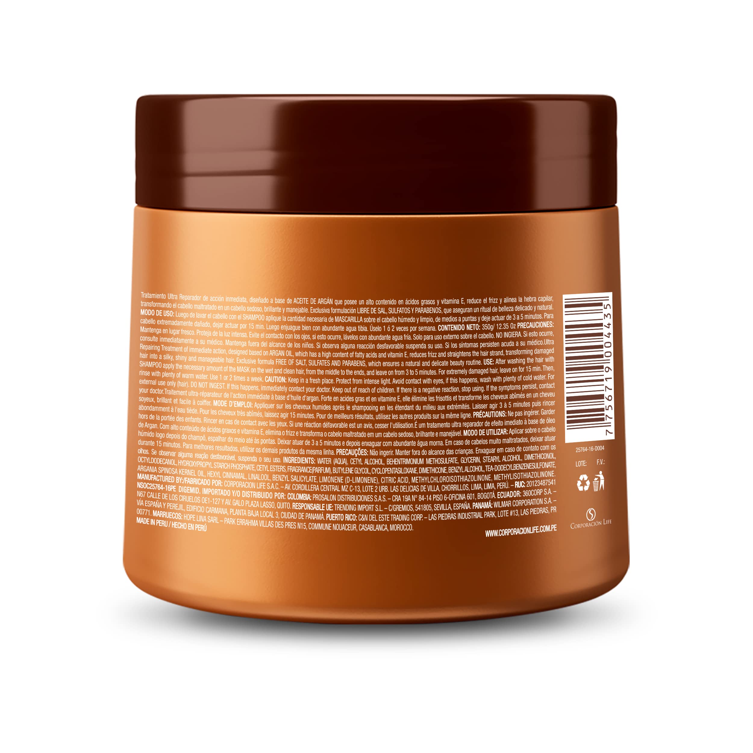 Placenta Life Be Natural Repair Argan Mask With Argan Oil For Damaged Hair - Total Repair, Shiny Hair (350 Gr/ 12.35 Oz)