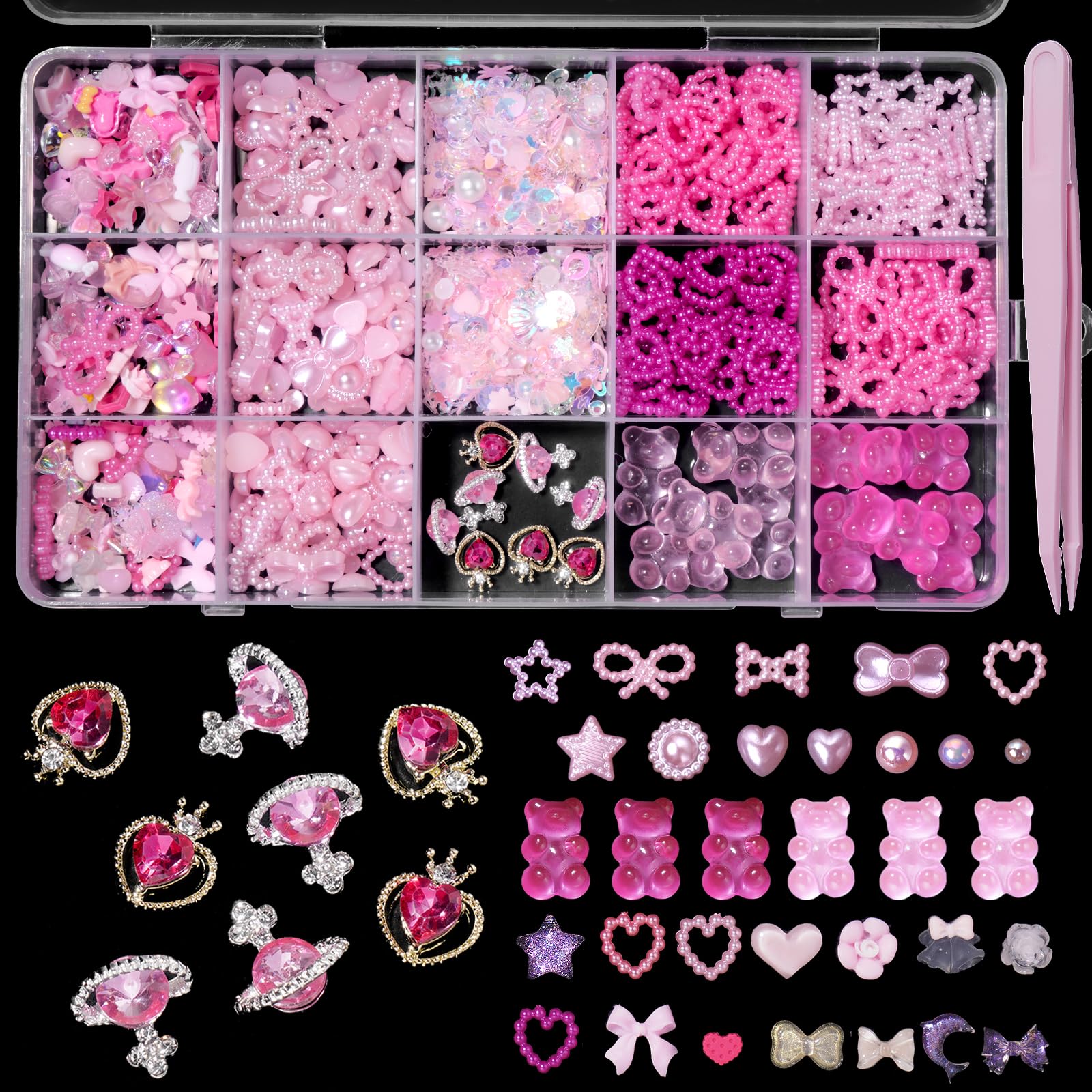 3D Pink Color Assorted Pearls Gems Nail Charms Heart Butterfly Bow Bear Nail Charms Star Bows Pearls Planet Nail Charms for Mani
