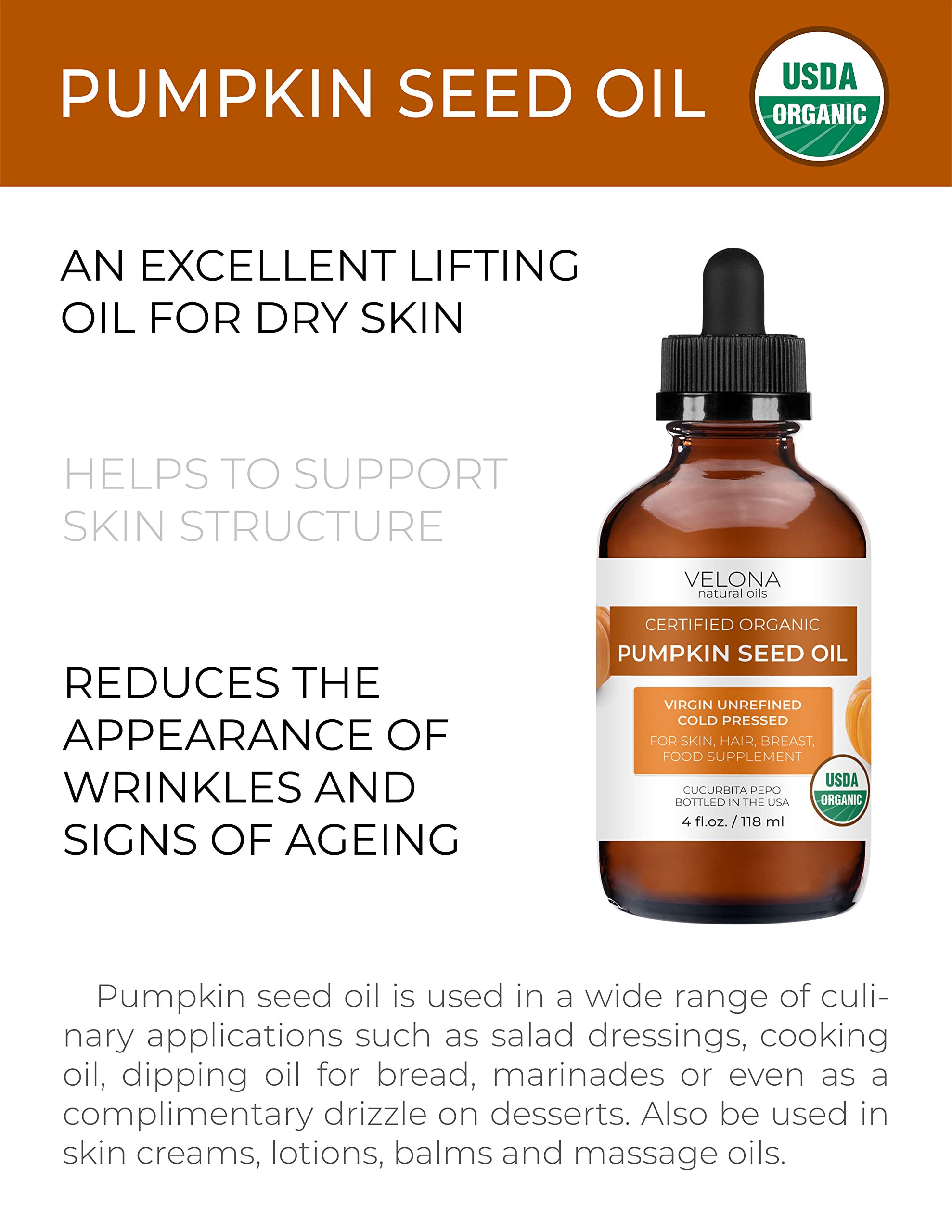 Velona Pumpkin Seed Oil Usda Certified Organic - 4 Fl Oz | 100% Pure And Natural Carrier Oil | Unrefined, Cold Pressed | Cooking