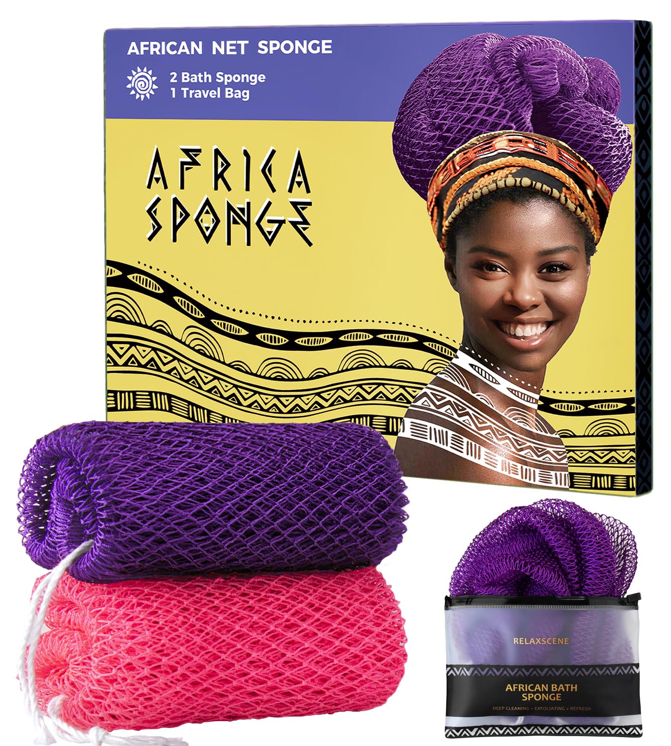 RelaxScene African Net Sponge - 2 Pack Exfoliating Body Scrubber, Nylon, Purple & Pink, Bathing Accessory with Travel Bag