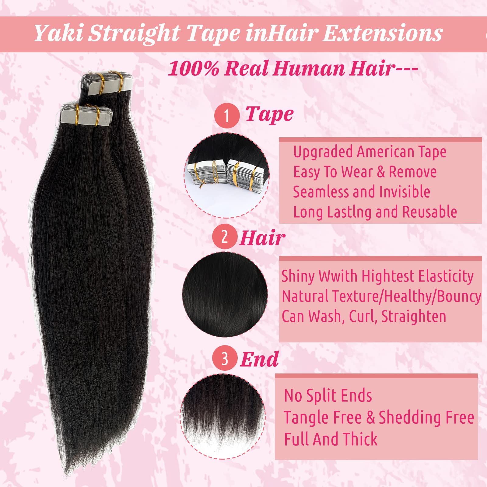 Yaki Tape In Hair Extensions Human Hair Black Yaki Straight Extensions Tape Ins 40 Pieces 100G Seamless Double Sided 100% Remy H