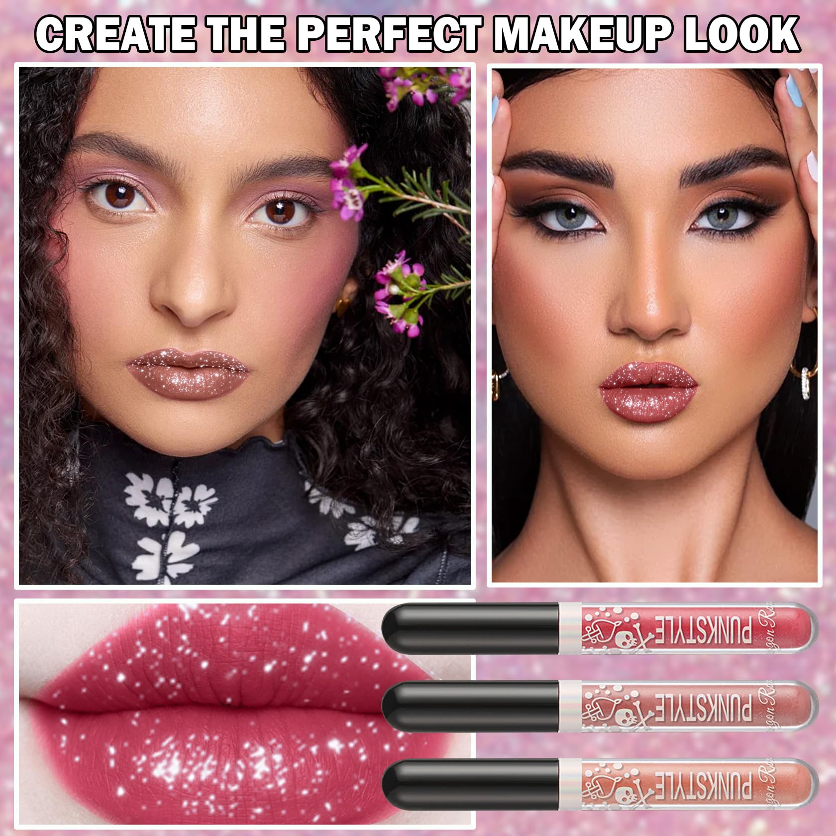 Qiufsse 3 Pcs Glitter Liquid Lipstick Set Red Pink Lip Gloss Kit For Women Gothic Glitter Lip Kit For Halloween Makeup,Costume P