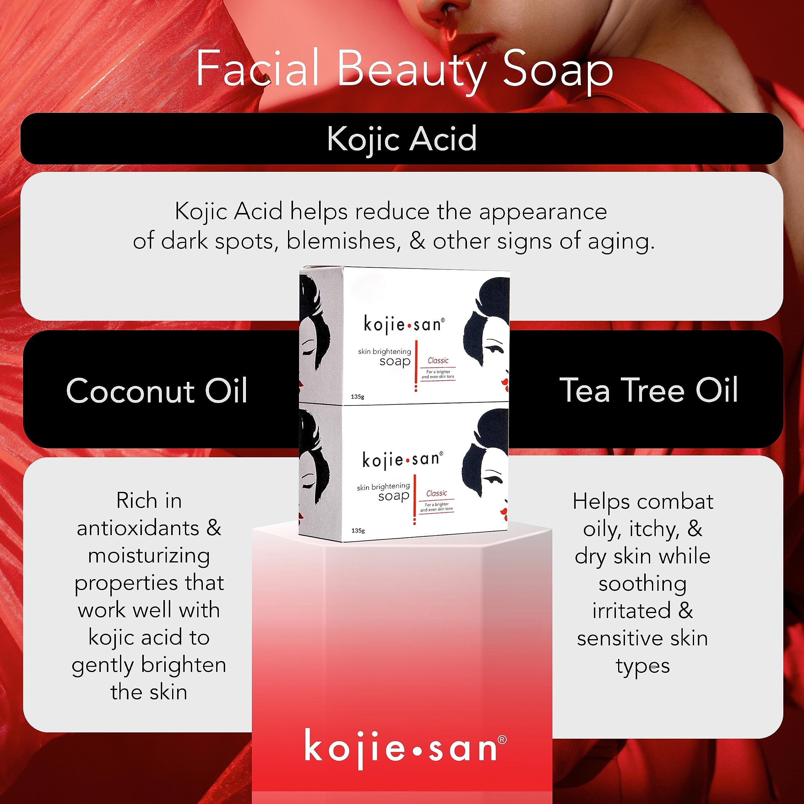Kojie San Skin And Body Soap - Original Kojic Acid, Dark Spot Remover Soap Bar With Coconut & Tea Tree Oil - 135G X 6 Bars With