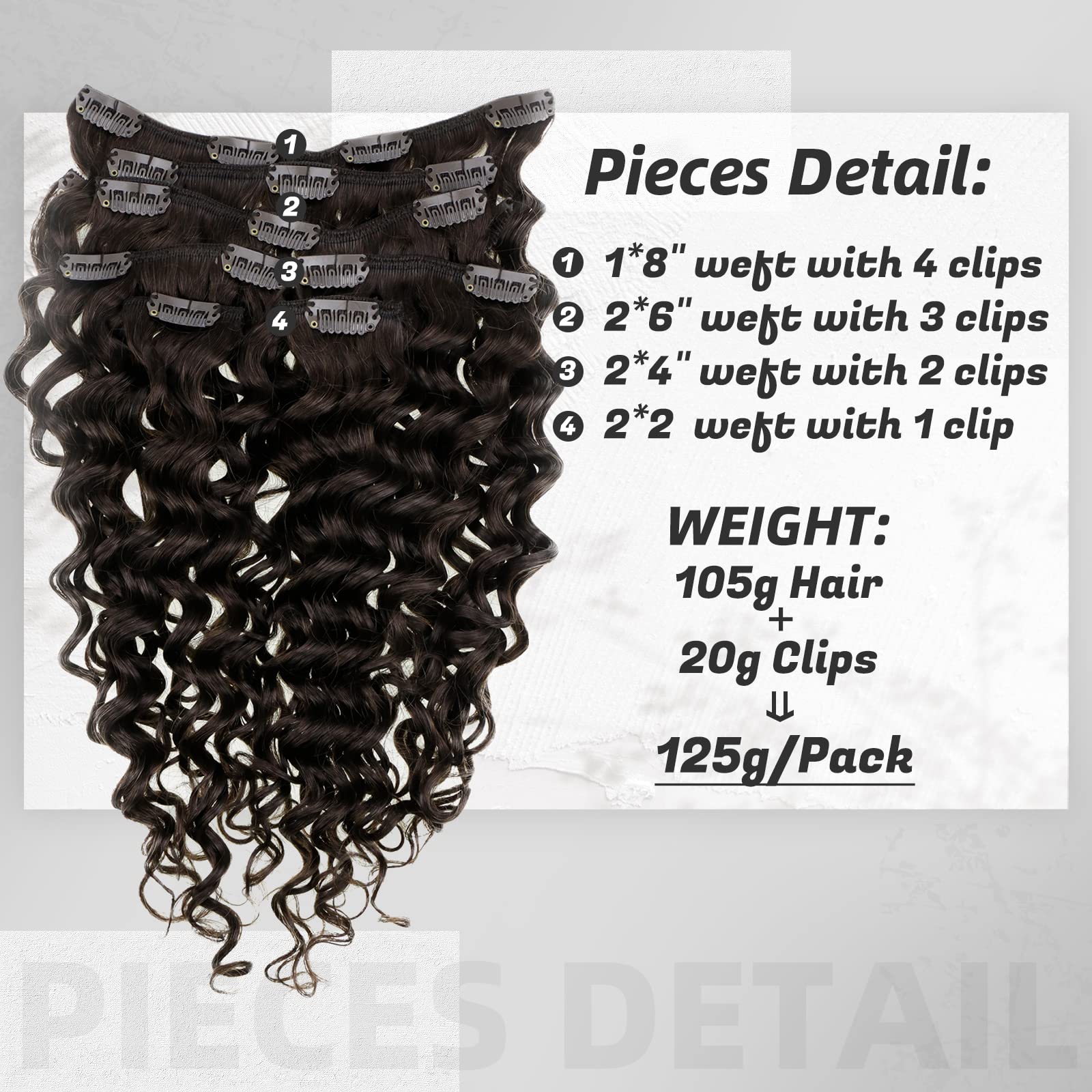 Hetto Curly Clip in Hair Extensions Human Hair 18 Inch Clip in Extensions Brown Curly Human Hair 7Pcs 105+20g #2 Darkest Brown N