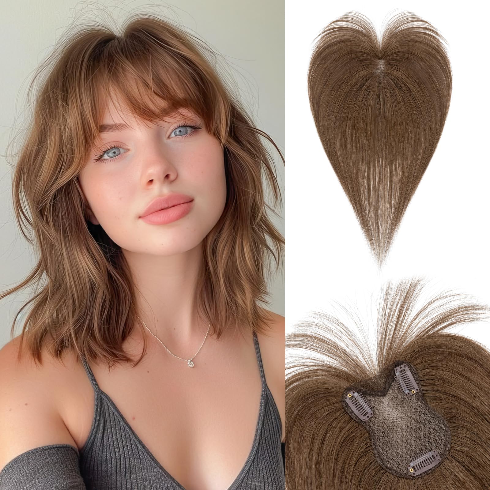 SEGO Human Hair Toppers with bangs 3603D Coverage Hairpieces Clip on Bangs for Women Double-Layer Hand-stitched Thinning Hair To