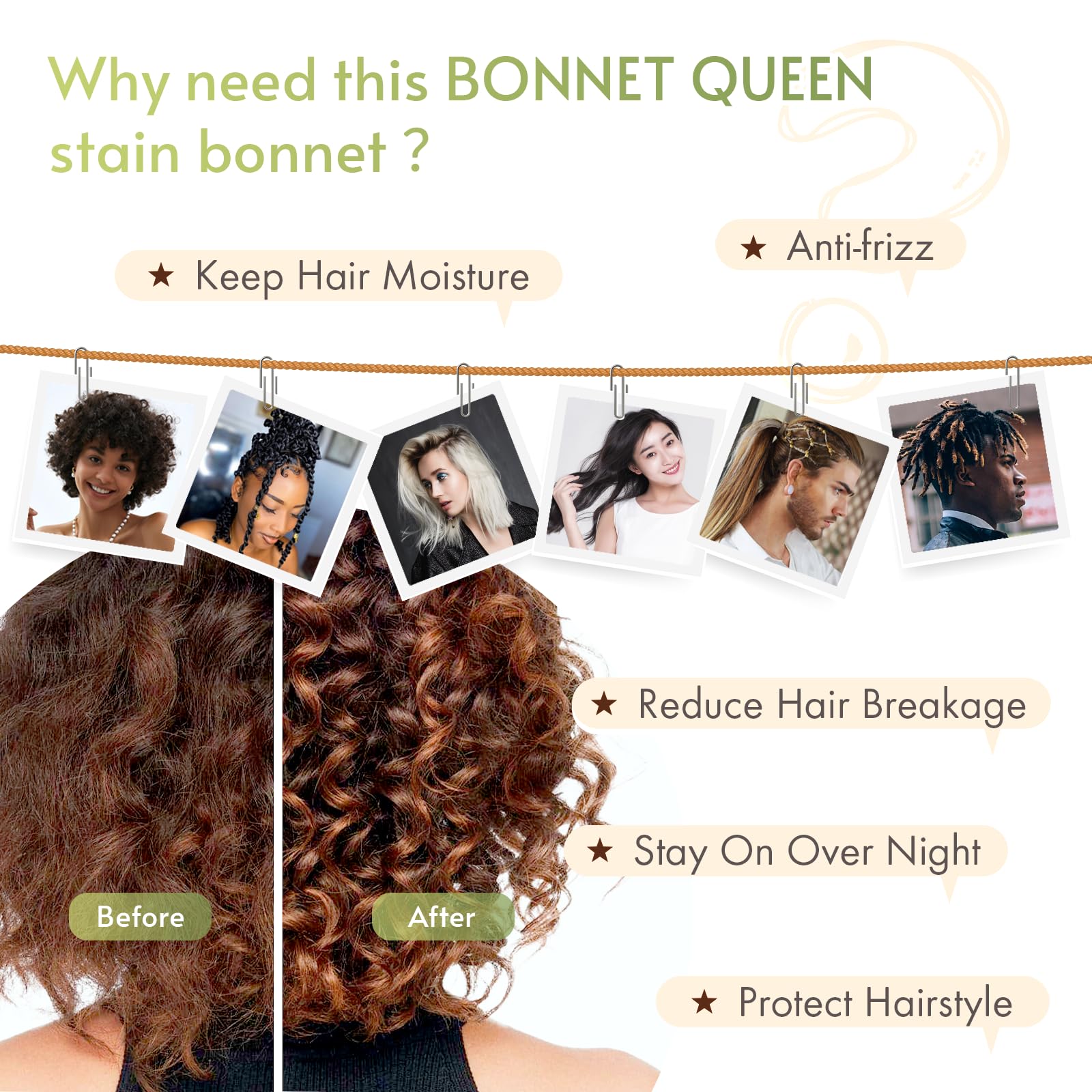 BONNET QUEEN Silk Bonnet for Sleeping - Medium Satin Hair Cap, Gold, Model ESN-BN001-1-GLD-M for Curly Hair