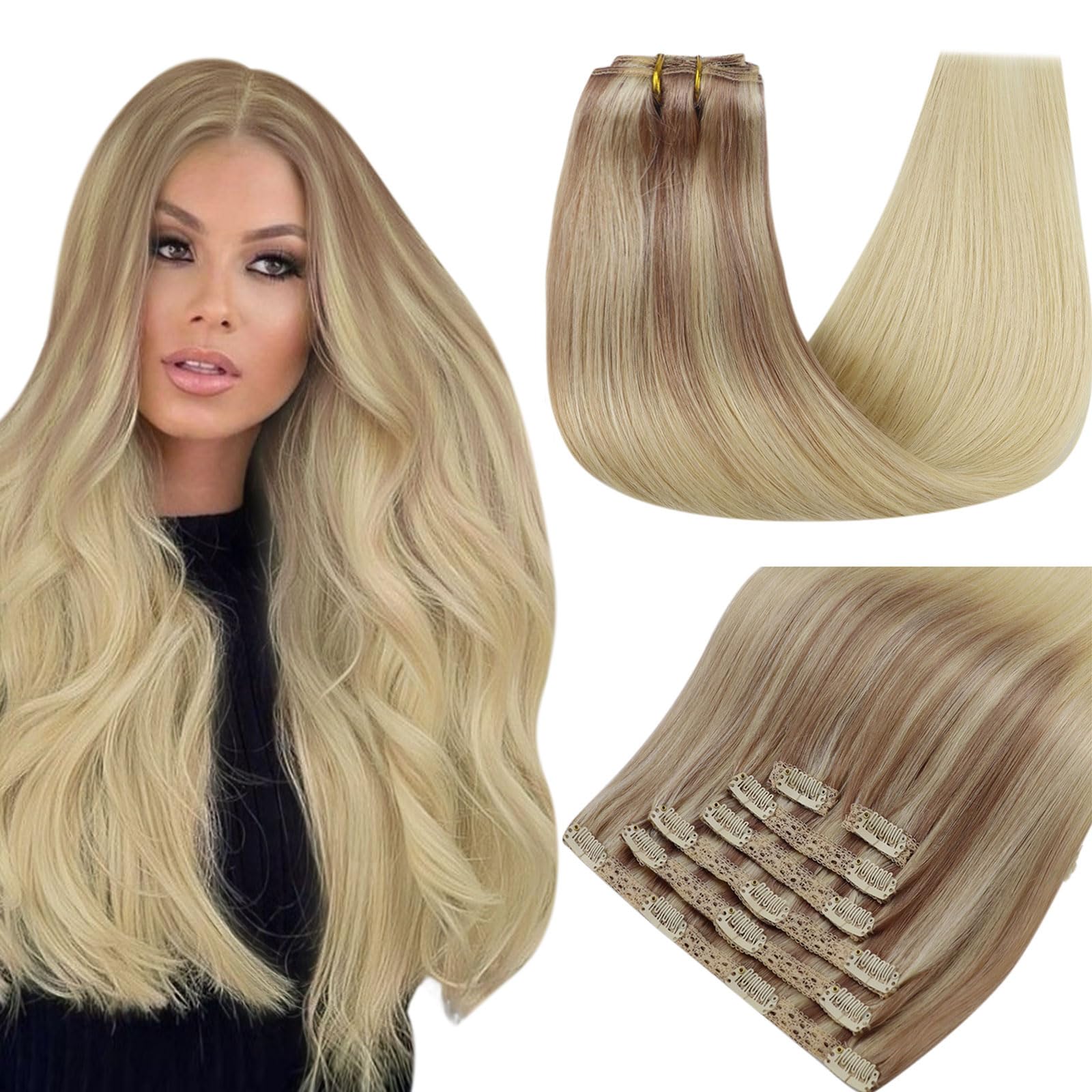 RUNATURE Blonde Balayage Hair Extensions Real Human Hair Clip Ins 16 Inch 120g Clip in Hair Extensions for Women Double Weft Cli