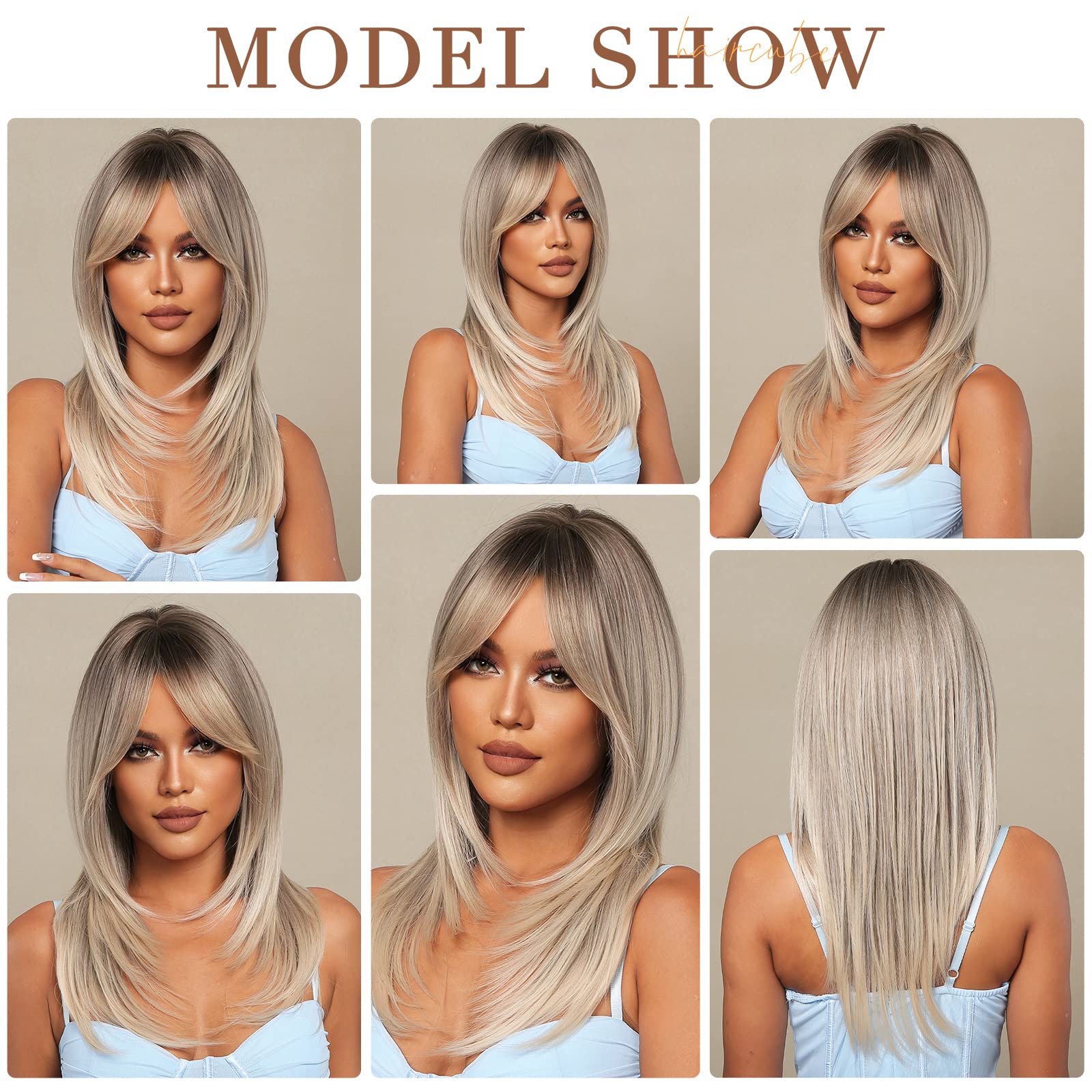HAIRCUBE Grey Blonde Wigs for Women,Long Layered Ombre Wigs with Bangs Heat Resistant Synthetic Fibre Wigs(pelucas de cabello na