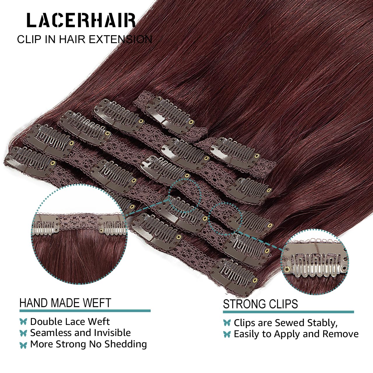 Lacer Hair Real Clip In Hair Extensions #99J Deep Burgundy Color Real Hair Extensions Clip In Double Weft Remy Hair Clip In Exte