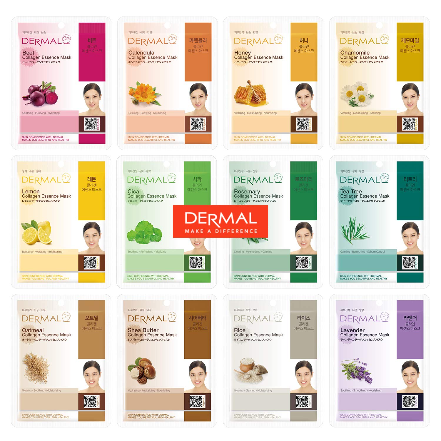 Dermal 12 Combo Pack Collagen Essence Korean Face Mask, Hydrating & Soothing, Unisex Skin Treatment Mask