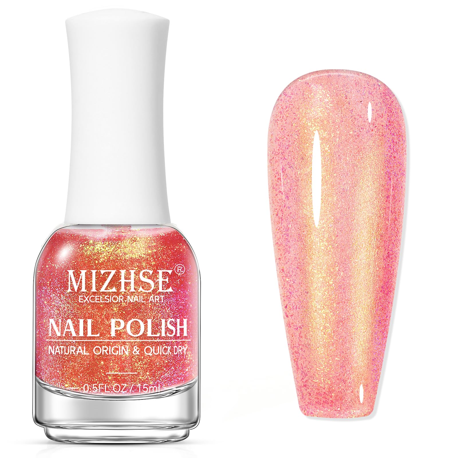 MIZHSE Nail Polish Air Dry Fast, Holographic Neon Orange Nail Polish Quick Dry, 15ml/0.5 fl oz Regular Shiny Shimmer Oil-based G