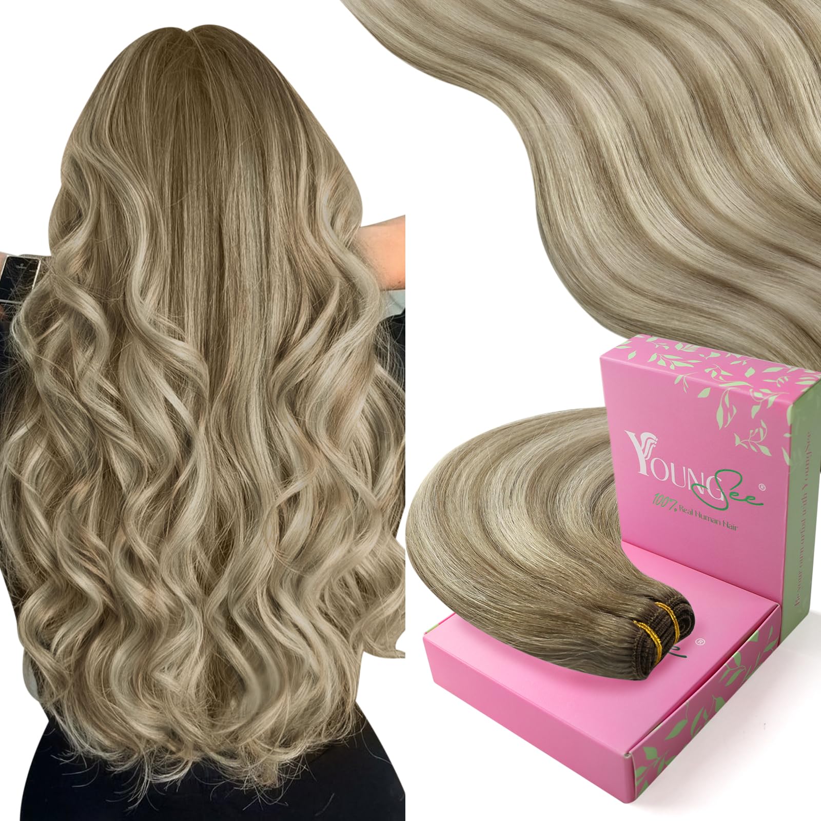 YoungSee Sew in Hair Extensions Balayage Brown Weft Hair Extensions Human Hair Medium Brown Fading to Brown Mix Platinum Soft Se