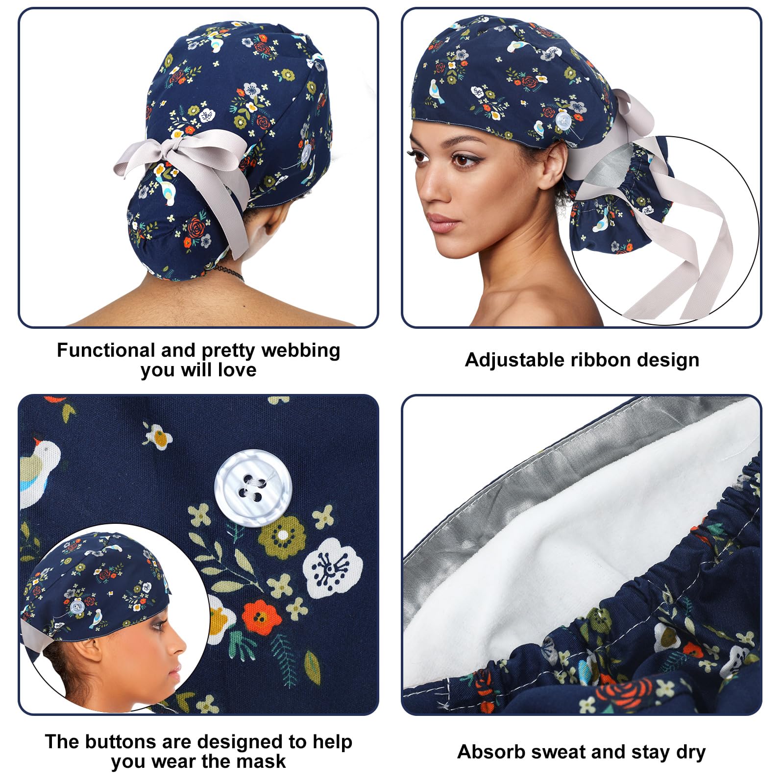 Floraltop 6 Pcs Satin Lined Scrub Caps Women Nurse Surgical Hat With Buttons Ponytail Working Adjustable Pouch Tie Back(Fresh St