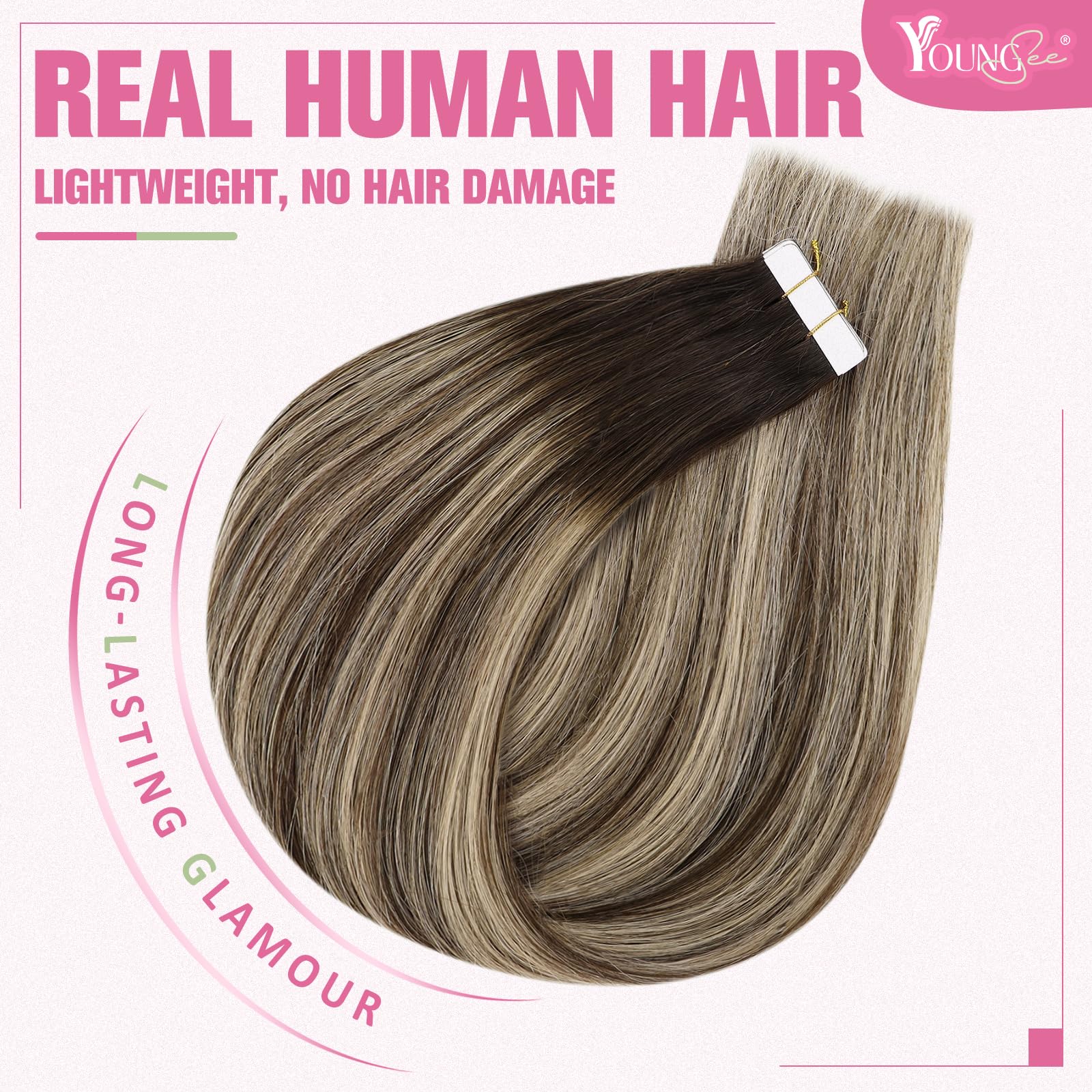 YoungSee Tape in Hair Extensions Human Hair Balayage Tape Hair Extensions Real Human Hair Dark Brown with Ash Blonde Balayage Hu