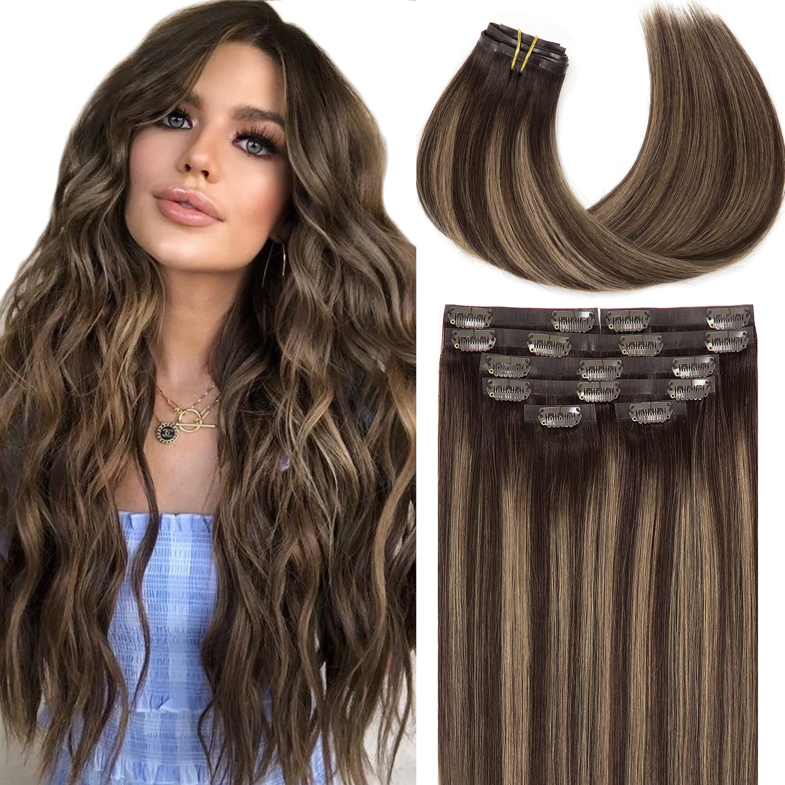Loxxy Human Hair Extensions Glam Seamless Clip in Hair Extensions 22Inch Ombre Rooted Dark Brown to Chestnut Brown and Dark Brow
