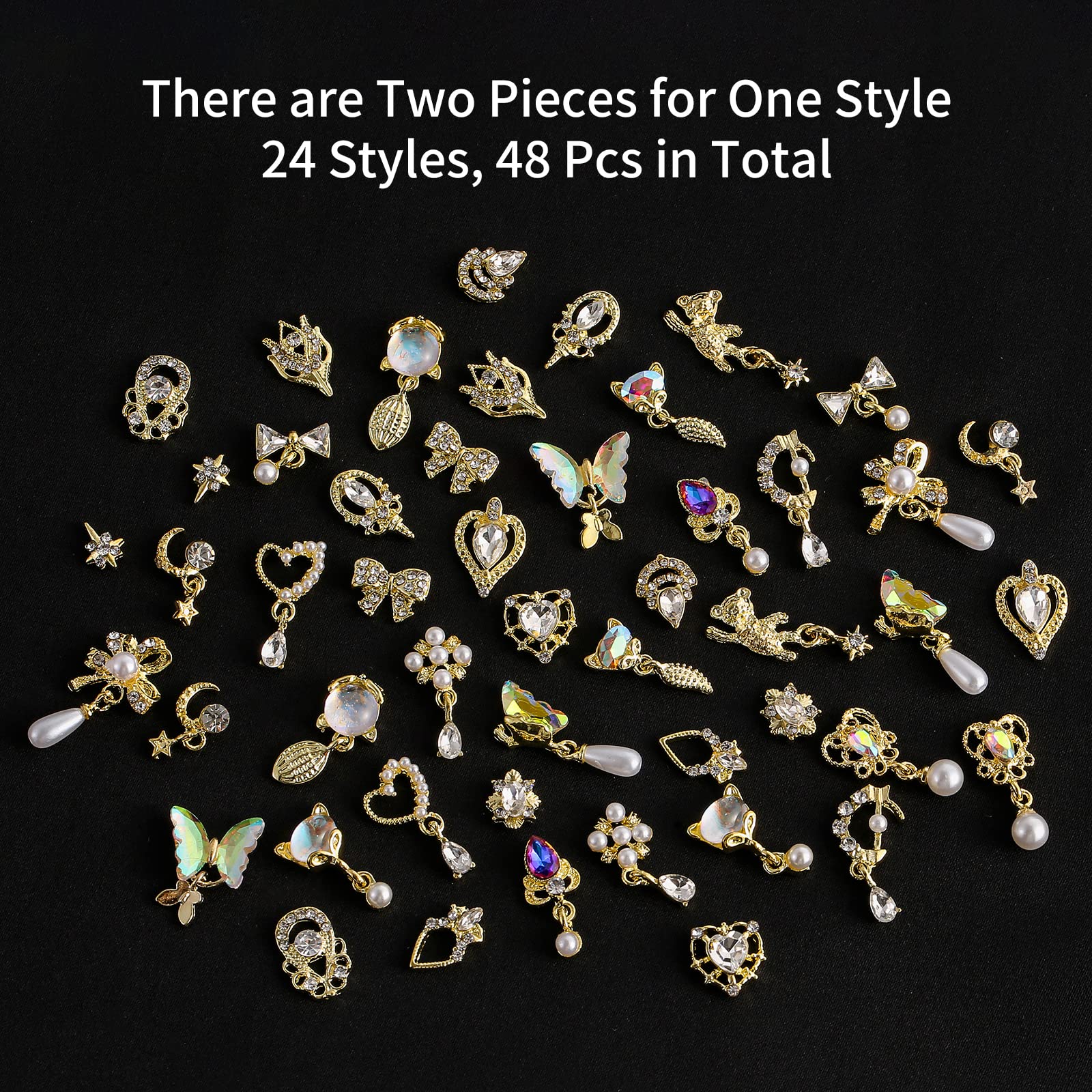 48 Pcs Dangle Nail Charms Luxury Rhinestones for Nails Heart Charms Gold Nail Gems Crystal Metal Nail Diamonds Stones for 3D Nai