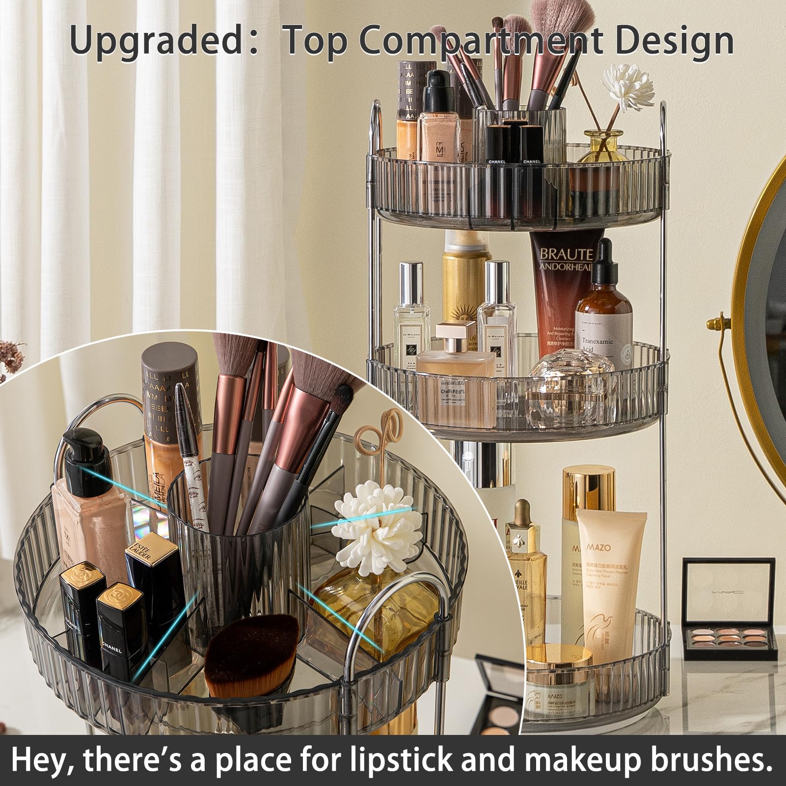 Shuang Qing 360 Rotating Makeup Organizer, High-Capacity Bathroom Countertop Vanity Organizers, 3 Tier Spinning Skincare Storage
