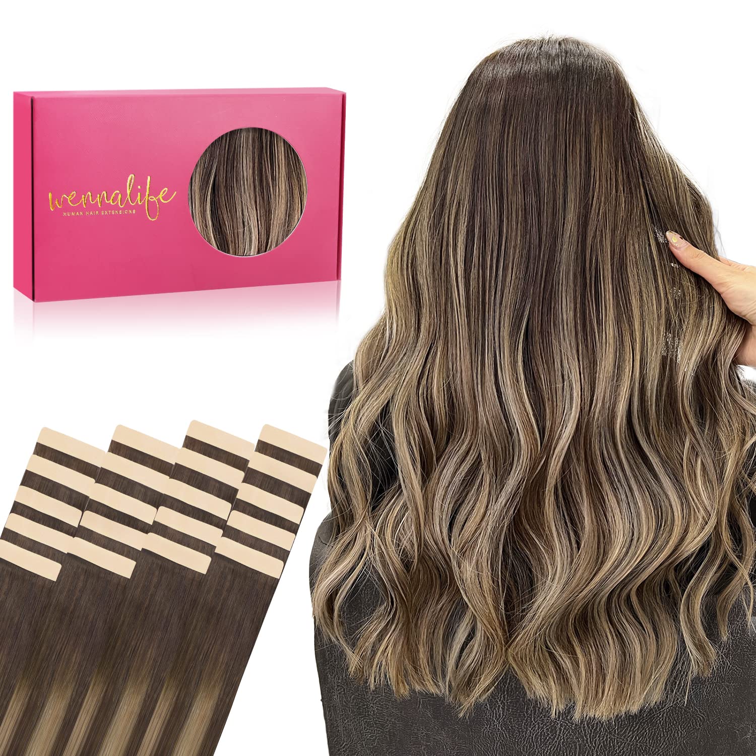 Wennalife Tape In Hair Extensions Human Hair, 20Pcs 30G 10 Inch Balayage Chocolate Brown To Honey Blonde Remy Hair Extensions St