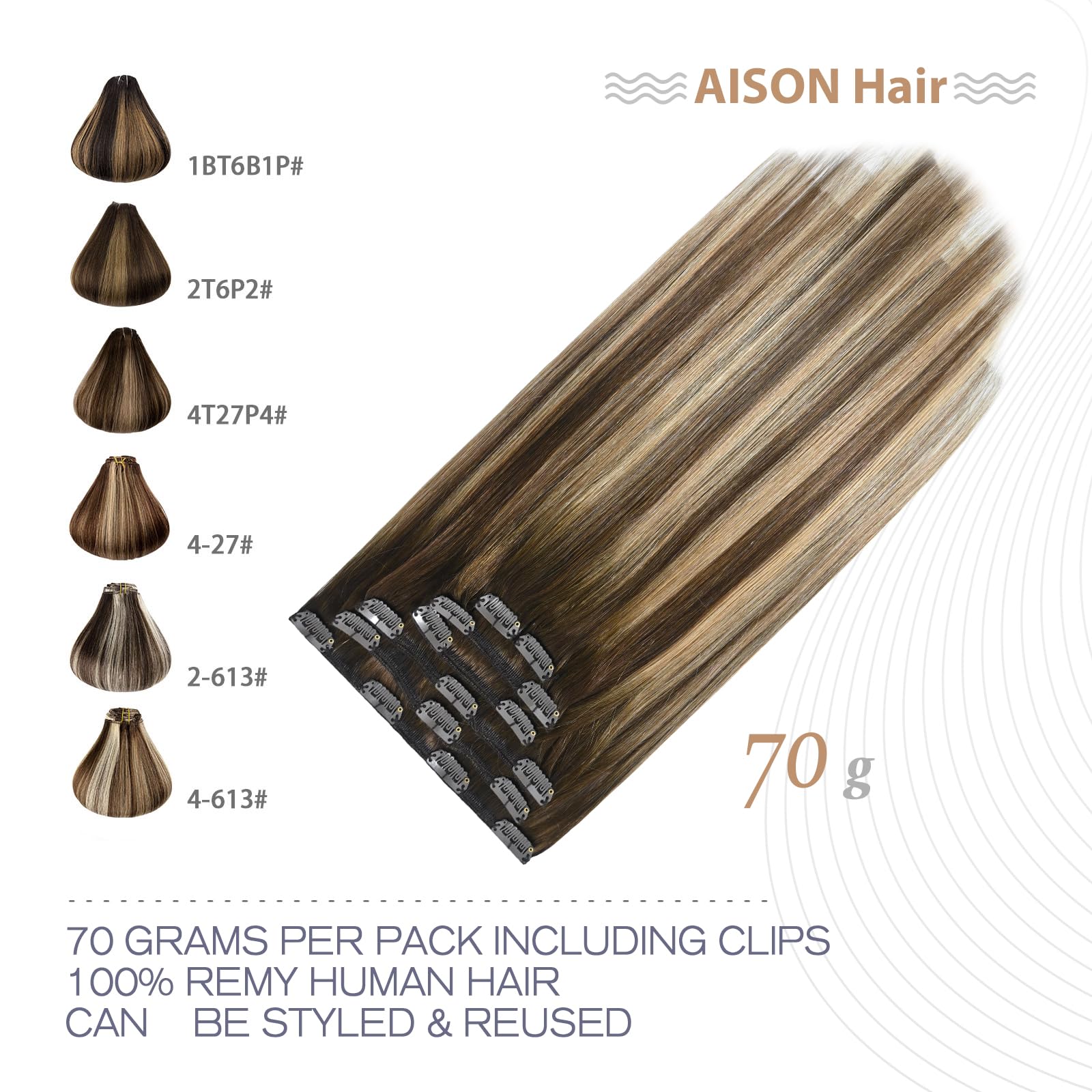 Aison Caramel Clip in Hair Extensions Real Human Hair 70G Chocolate Brown To Dark Blonde 100% Remy Human Hair Soft Silky Straigh