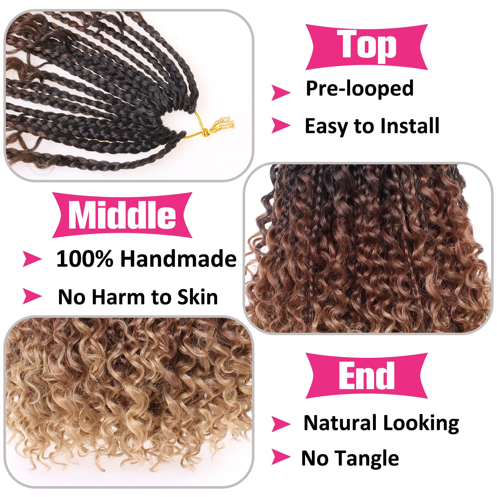Unionbeauty 8 Packs 14 Inch Boho Box Braids Crochet Hair With Curly Ends Bob Bohemian Hippie Braids Pre-Looped Messy Goddess Box