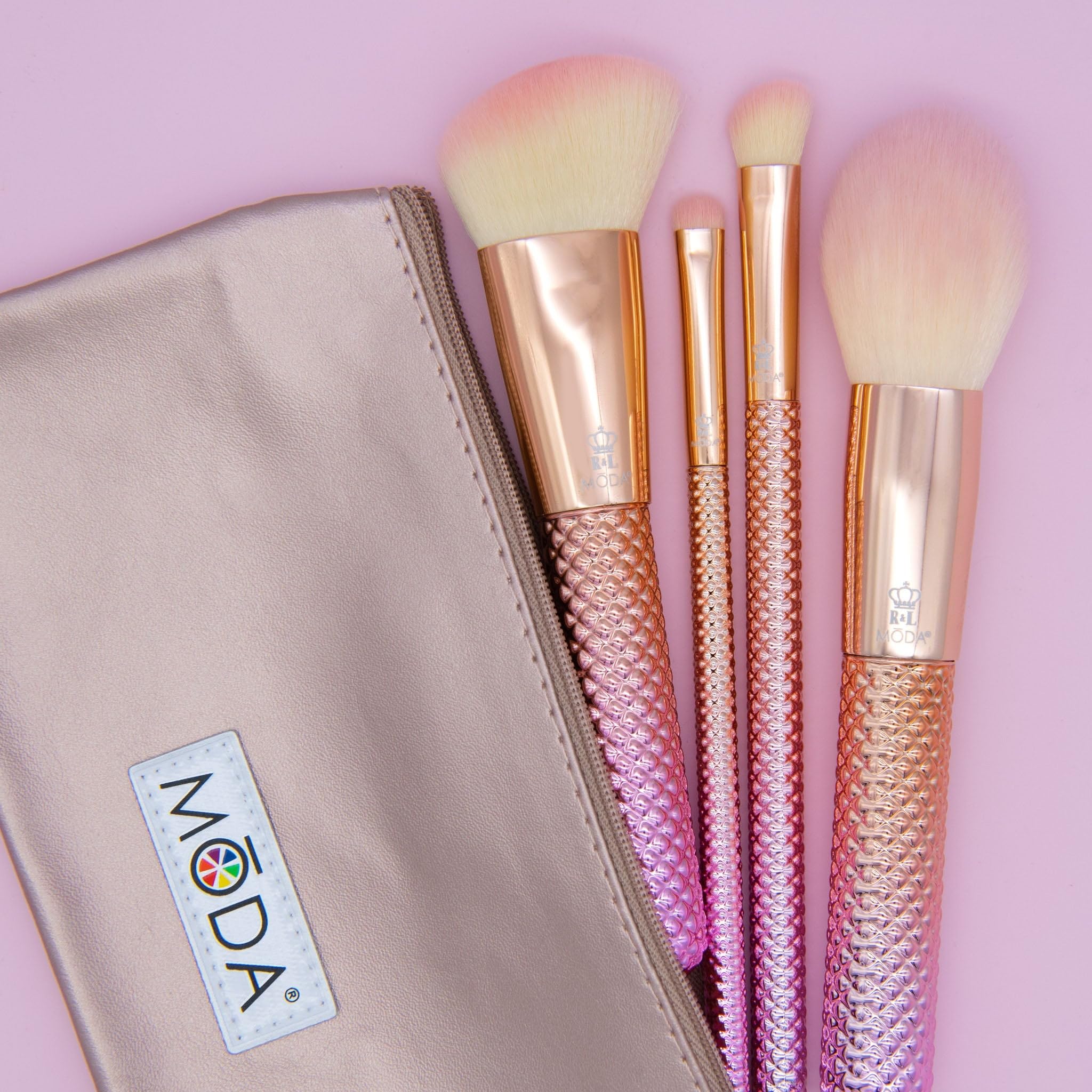 Moda Full Size Metallic Rose Complete Face 5Pc Makeup Brush Set With Pouch, Includes - Round Powder, Angle Kabuki, Angle Shader,