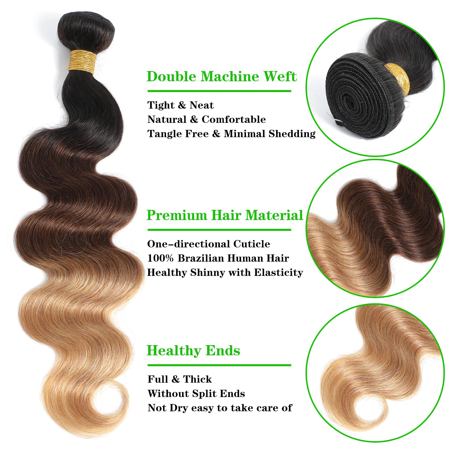 Ombre Brazilian Virgin Hair Body Wave Ombre Human Hair 3 Tone,3 Bundles Ombre Brazilian Hair Extensions (T1B/4/27,14'' 16'' 18''