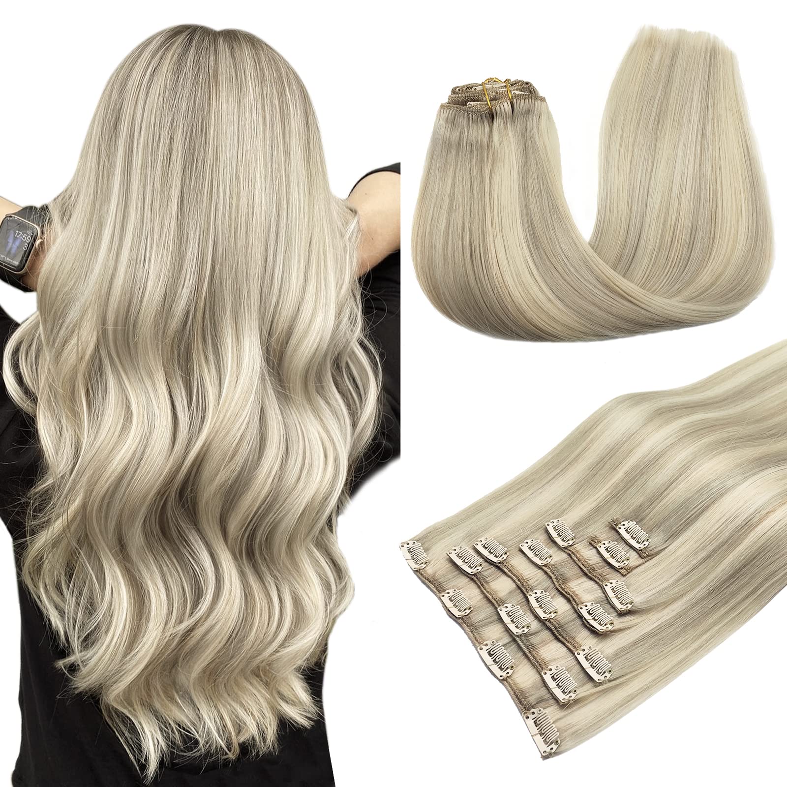 Clip in Hair Extensions Real Human Hair, 120g 7pcs Ash Blonde Highlighted Platinum Blonde 18 Inch, MAXITA Real Hair Extensions C