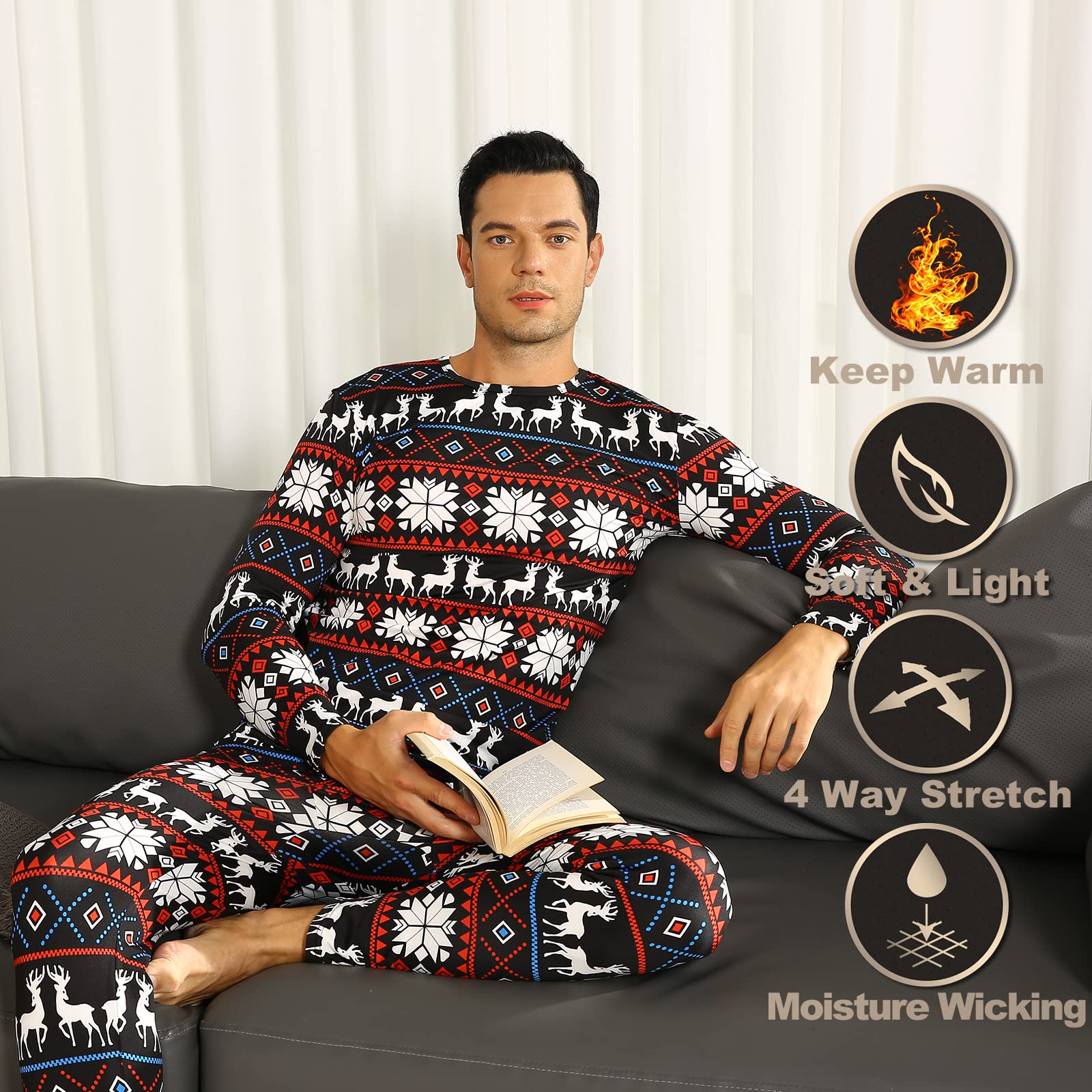 Thermal Underwear for Men Fleece Lined Long Johns Base Layer Top and Bottom Set for cold Weather christmas M